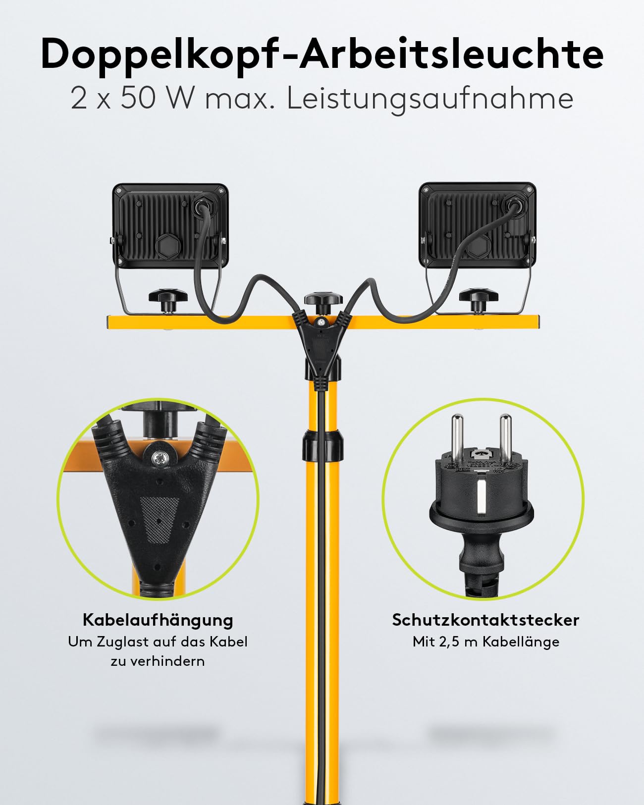 Goobay 2 x 50W Baustrahler LED mit Stativ einstellbar und 2,5m Kabel für Baustelle, Werkstatt oder Keller - IP65 Baulampe LED für Innen- & Außenbereich - Strahler 2x8500 Lumen kaltweißes Licht 6500K
