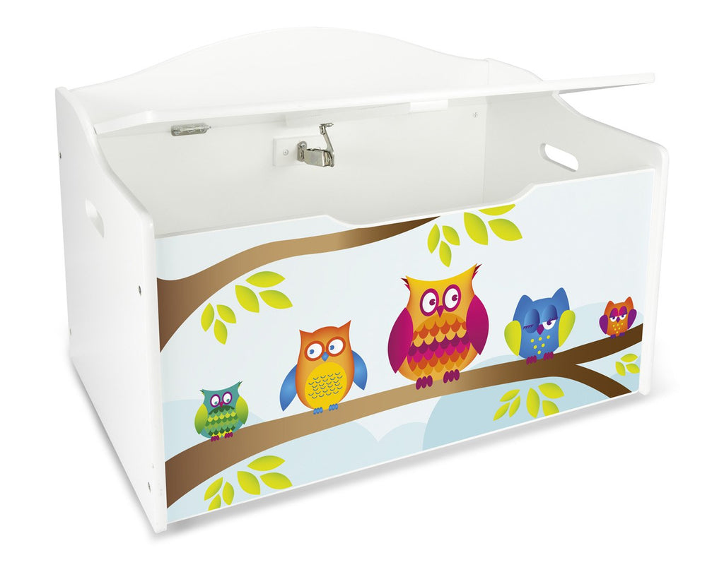 Leomark Kinderbank Hölzerne - Eulen XL - Kindertruhenbank, Behälter für Spielzeug, Truhe für Kinderzimmer, Kindermöbel, Sitzbank Höhe: 46 cm