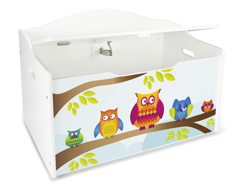 Leomark Kinderbank Hölzerne - Eulen XL - Kindertruhenbank, Behälter für Spielzeug, Truhe für Kinderzimmer, Kindermöbel, Sitzbank Höhe: 46 cm