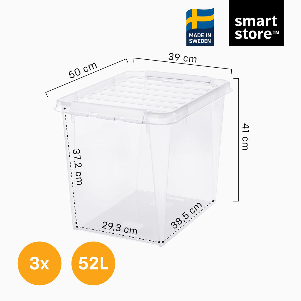 SmartStore Aufbewahrungsboxen 3er-Set 52L I Stapelbare Kunststoffbox mit Deckel I BPA-frei & lebensmittelecht I Organizer für Hauswirtschaftsraum oder Garage I durchsichtig und mit Clipverschluss