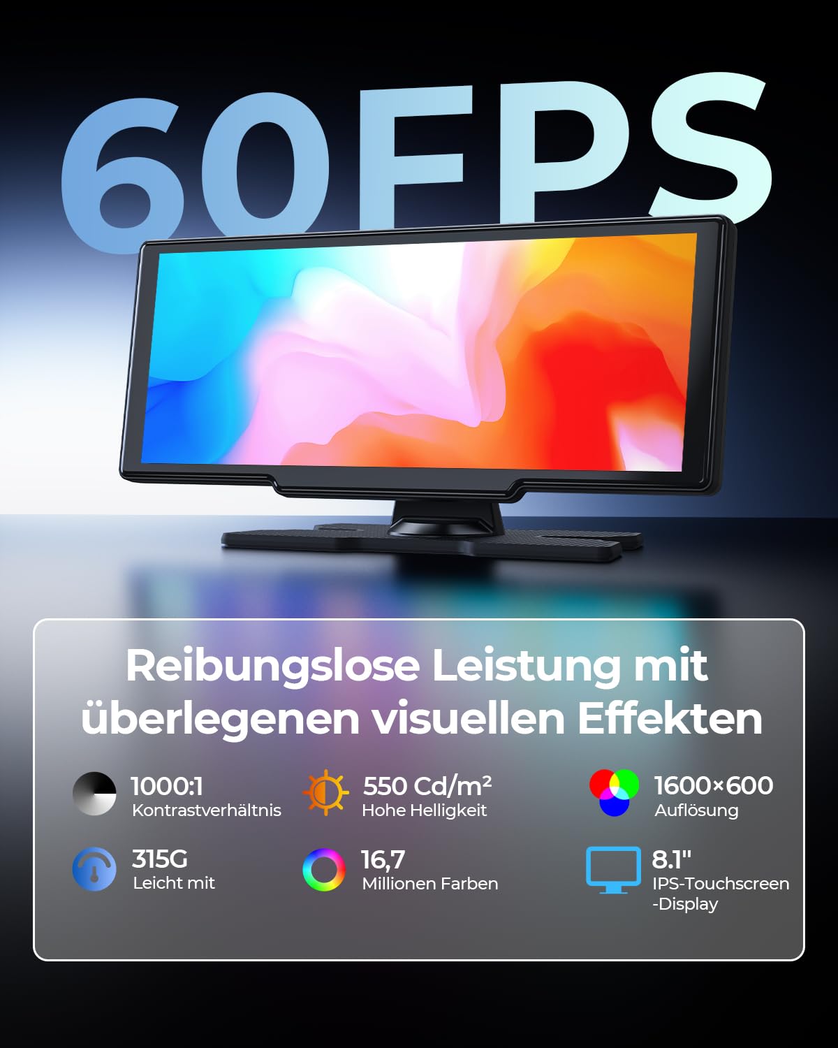 Krunia 8.1" Kabelloser Tragbarer 60FPS CarPlay-Bildschirm für Apple CarPlay & Android Auto, OTA-Updates, Rückfahrkamera, Mirror Link, Bluetooth, Sprachsteuerung, GPS-Navigation