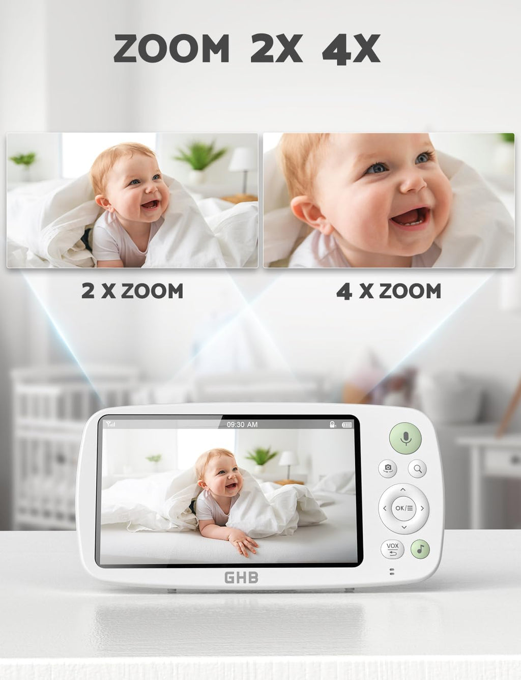 GHB Babyphone mit Kamera 5 Zoll HD 1080P Babyphone 4000-mAh-Akku 7x24 St. im VOX Modus 4xZoom Gegensprechen Nachtsicht Reichweite 300m