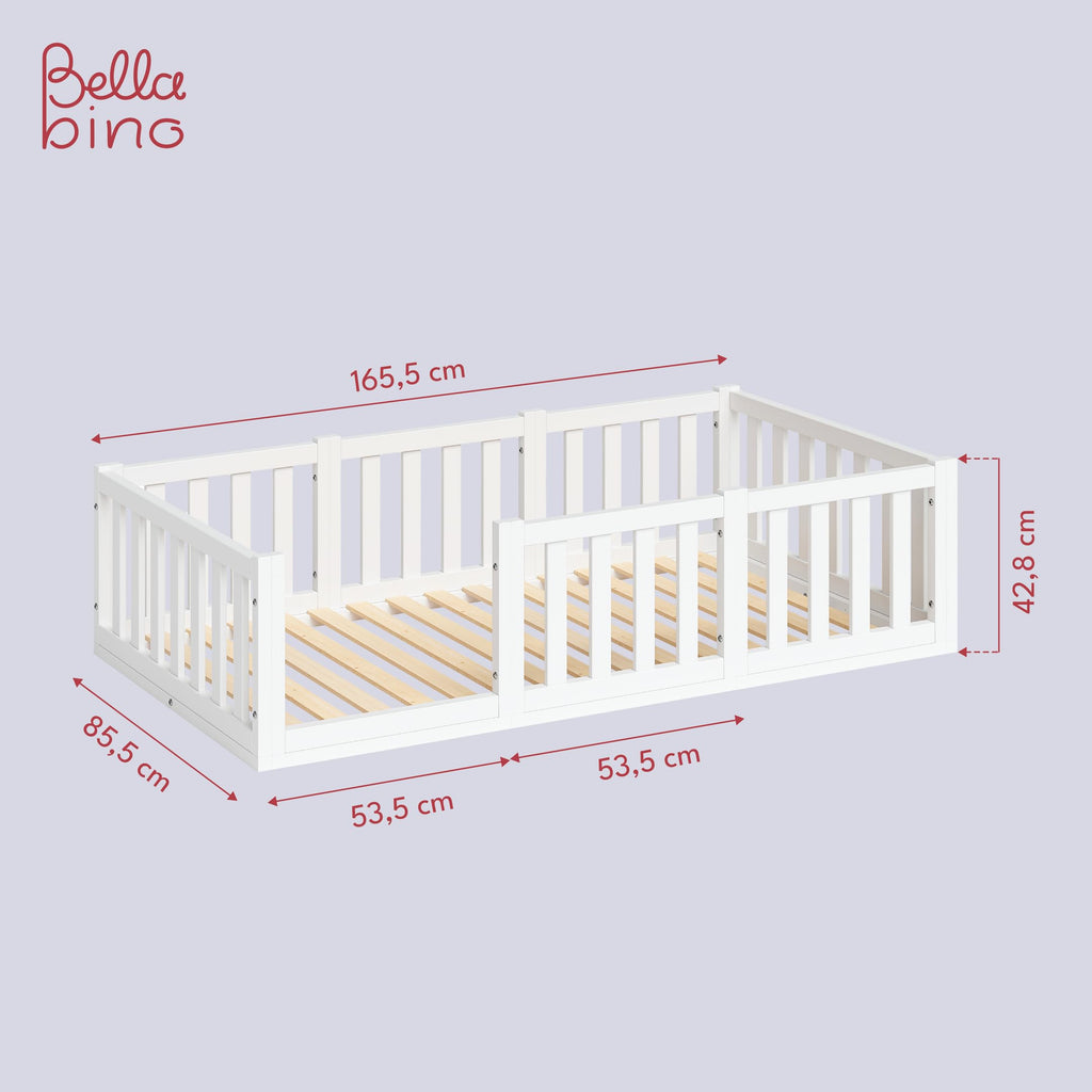 Bellabino Tapi Bett 80x160 cm, Kinderbett mit Rausfallschutz, inklusive Lattenrost, Montessori Bodenbett für Jungen und Mädchen aus Kiefer Massivholz, weiß lackiert, Bed