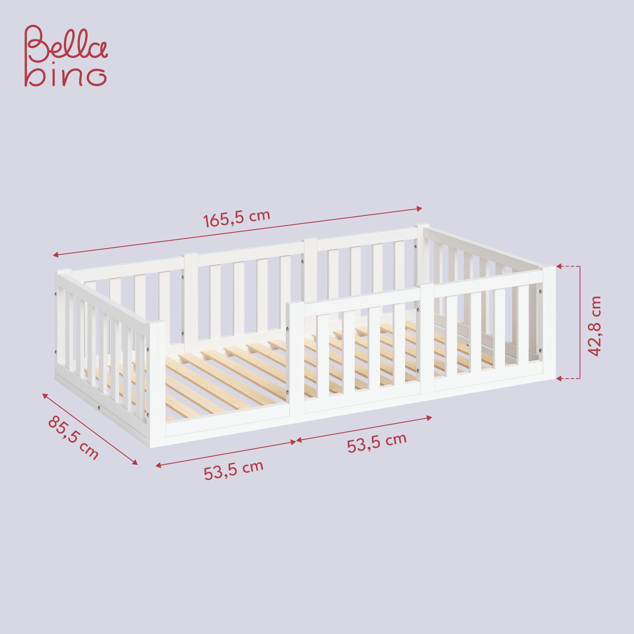 Bellabino Tapi Bett 80x160 cm, Kinderbett mit Rausfallschutz, inklusive Lattenrost, Montessori Bodenbett für Jungen und Mädchen aus Kiefer Massivholz, weiß lackiert, Bed