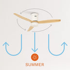 CREATE / WINDCALM M/Deckenventilator ABS mit Beleuchtung Weiß Hellesholzflügel-Optik mit Fernbedienung / 40W, Leise, Ø132cm, 6 Geschwindigkeiten, Timer, DC-Motor, Sommer-Winterbetrieb
