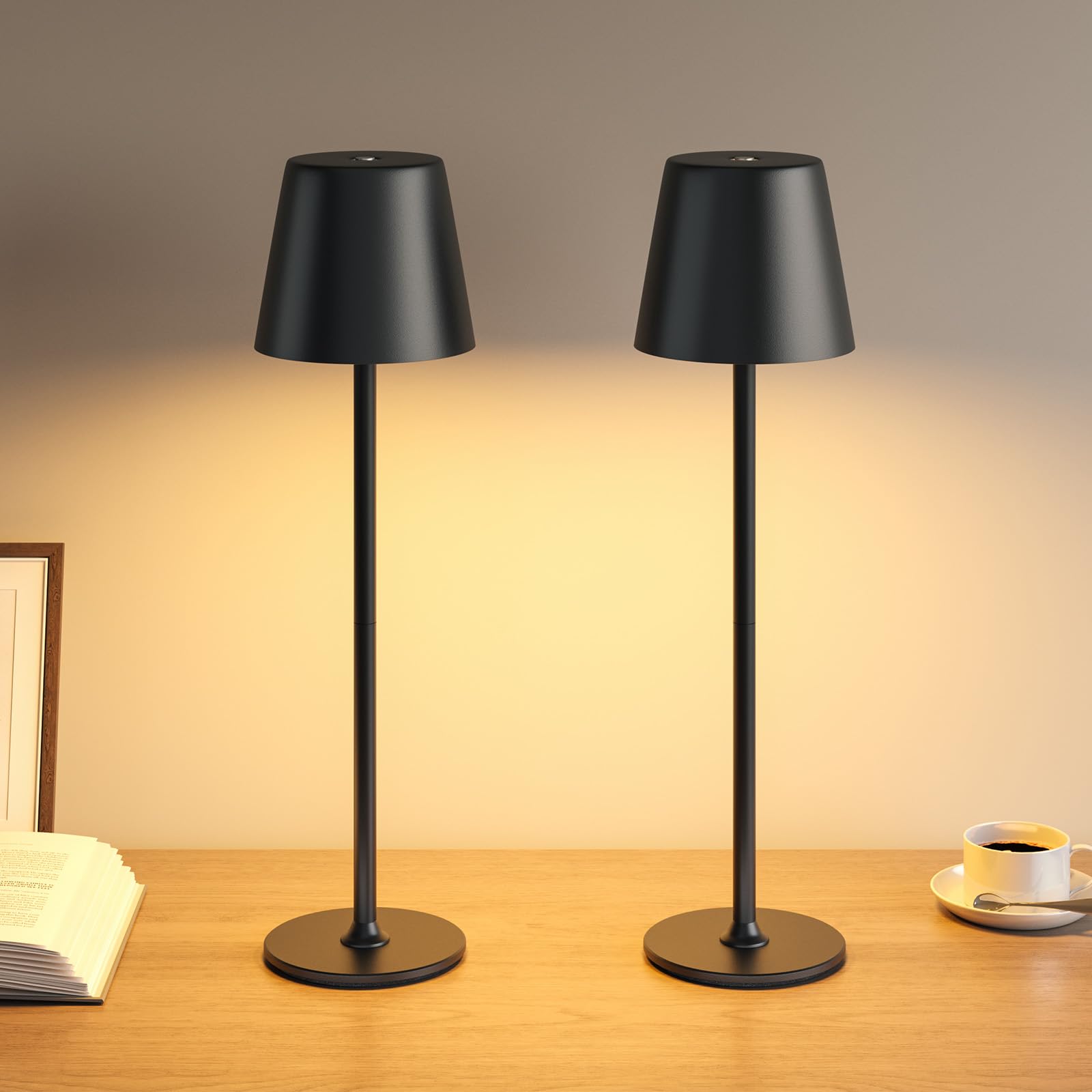 UPXNBOR LED Tischlampe Kabellos 2 Stück, Dimmbare Nachttischlampe Touch, Akku Tischleuchte Kabellos, Indoor Outdoor Tischlampe Akku, 3-stufig Warmlicht, IP54 Wasserdicht, Vollmetallgehäuse, Schwarz