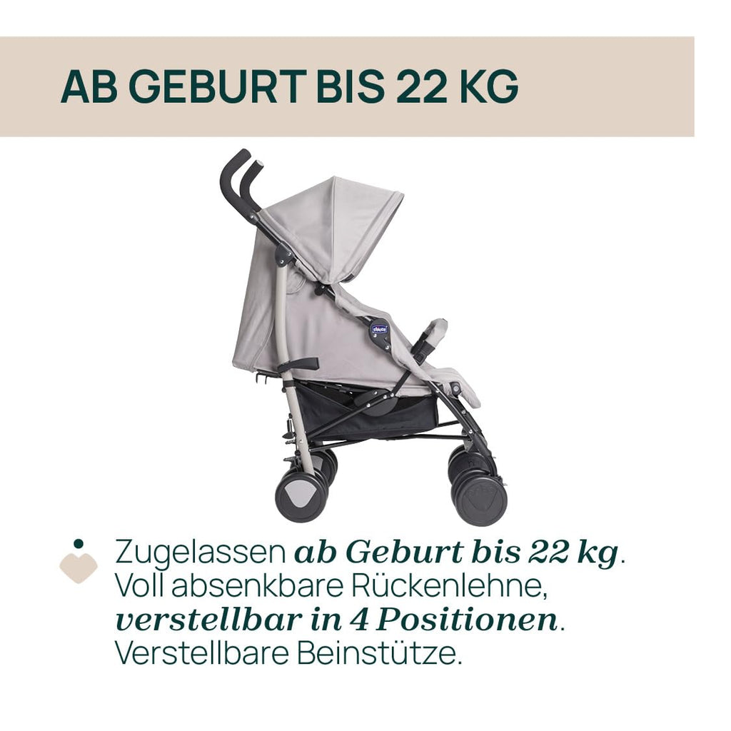Chicco Echo Lite Kinderwagen, Buggy ab Geburt bis 22 kg, verstellbare Rückenlehne, geräumiger Sitz, Stoßstangenmanschette, Schirmbuggy, Zwillingsbremsen und schwenkbare Vorderräder, Beige
