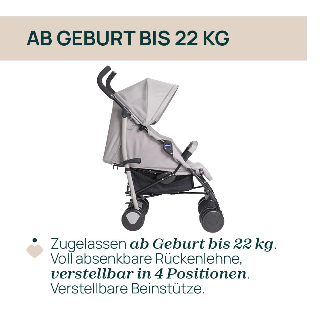 Chicco Echo Lite Kinderwagen, Buggy ab Geburt bis 22 kg, verstellbare Rückenlehne, geräumiger Sitz, Stoßstangenmanschette, Schirmbuggy, Zwillingsbremsen und schwenkbare Vorderräder, Beige