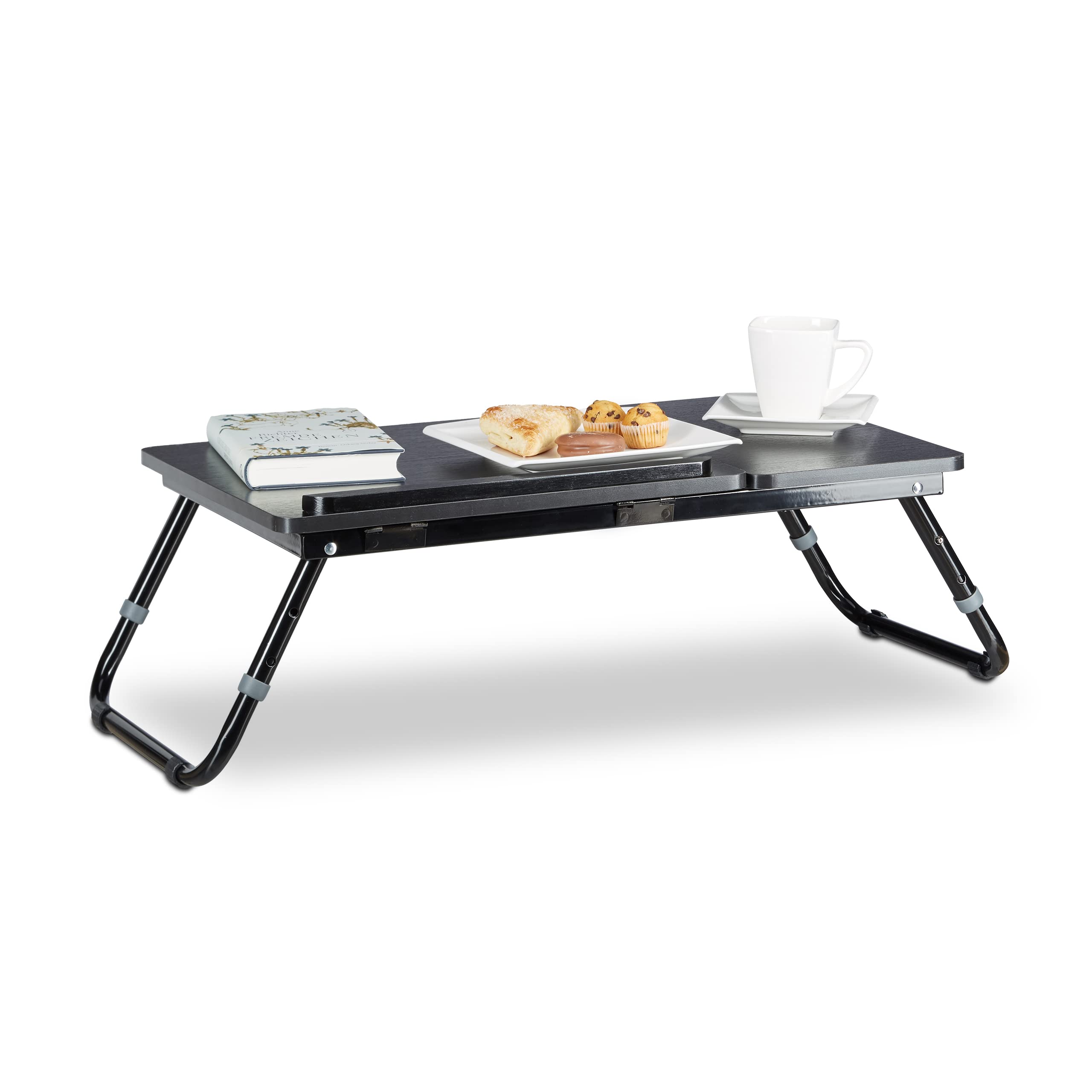 Relaxdays Laptoptisch, Lapschreibtisch, Betttisch, Betttablett, Notebooktisch, Beistelltisch, Laptop WTH 75 cm x 35 cm x 40 cm, Holz, schwarz, mit Leseklappe, höhenverstellbar, zusammenklappbar