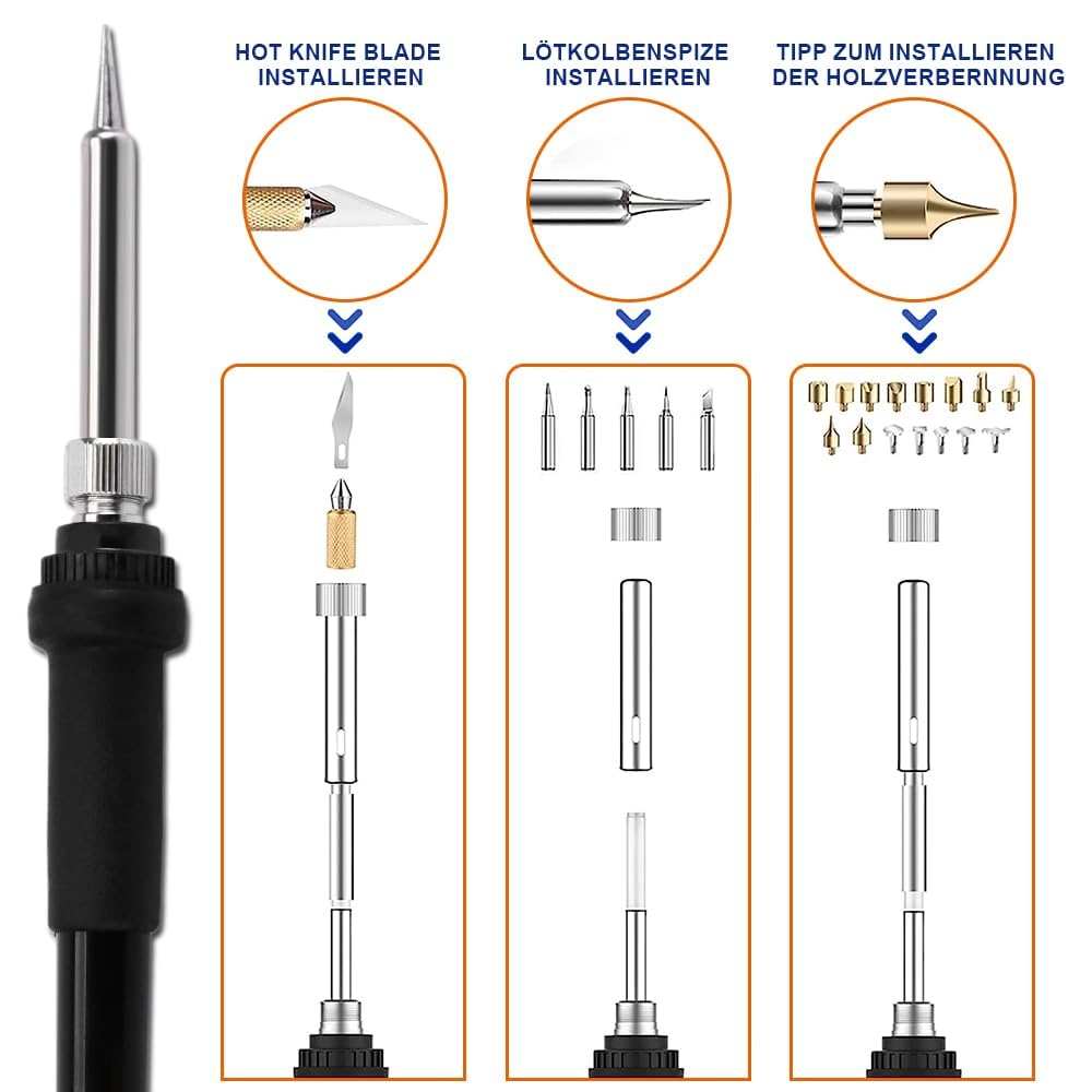 100W 165 teilig Brandmalstation, Brandmalerei und Lötkolben Satz, 5X Lötspitzen & 2X Stift, Holzbrenner Brennkolben Brandmalgeräte, Lötstation Lötset für Holz, Leder und Kork, Temperatur max. 750°C