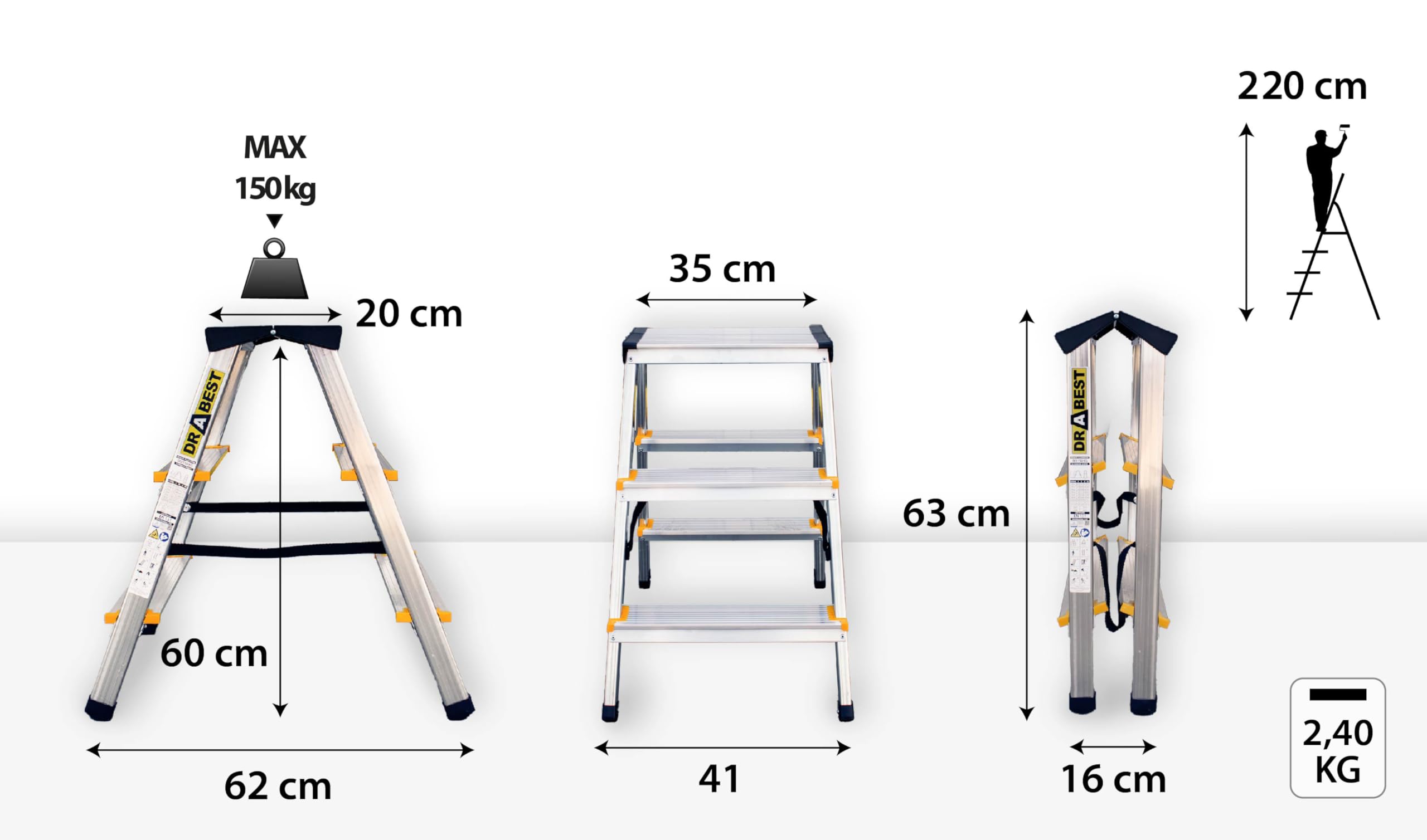 Drabest Klappleiter Leiter Klappbar 2 x 3 Stufen Alu Trittleiter Beidseitig bis 150 kg Belastbar Haushaltsleiter