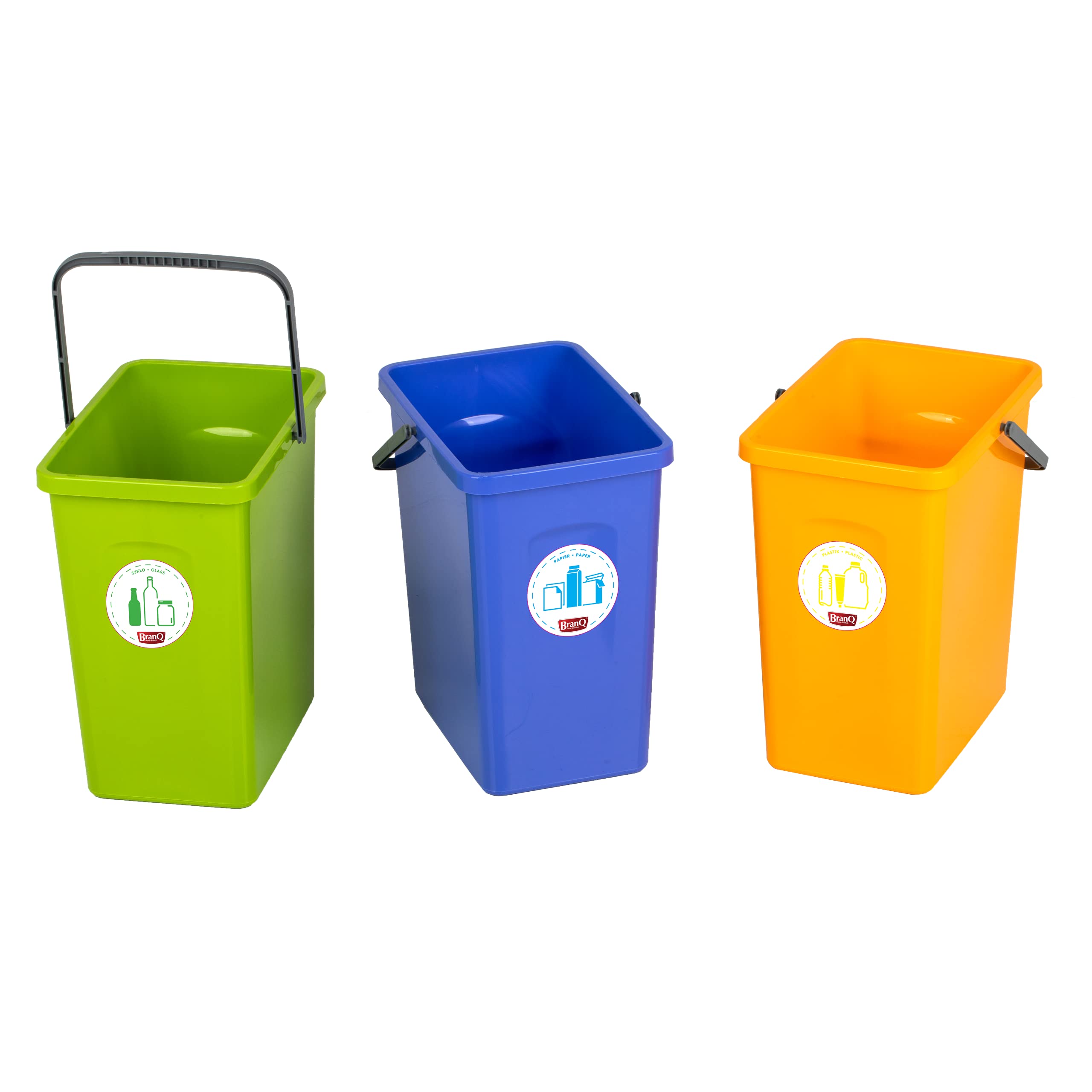 BranQ - Home essential Universelles Set mit 3 Körben zur Abfalltrennung mit praktischem Griff aus hochwertigem BPA-Material, Gelb/Grün/Blau, 17,5x26x29 cm (LxBxH), 5901098049603