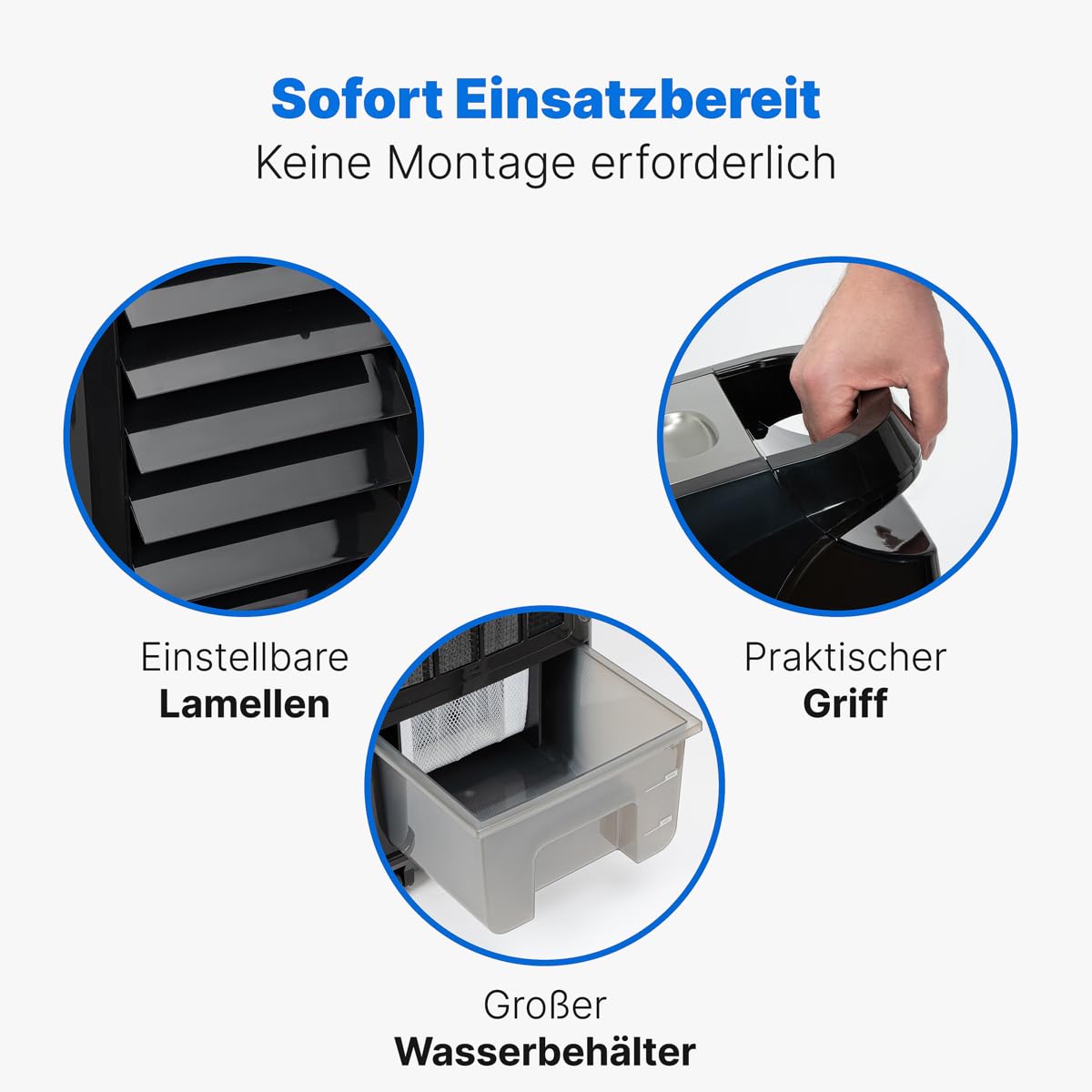 Clatronic 3in1 Luftkühler, Luftentfeuchter und Luftreiniger, 3 Stufen, 8 Std. Timer, inkl. Fernbedienung, 4,5 Liter Wassertank, 90° oszillierend, 4 Rollen, 70 Watt, LK 3742 schwarz