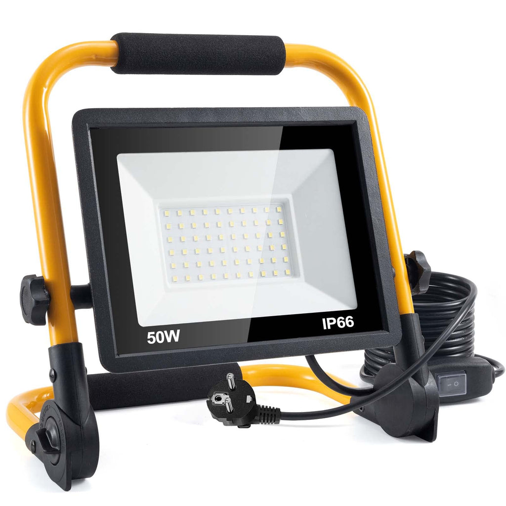 LED Baustrahler, 50W 5000LM Arbeitsleuchte, LED Arbeitsleuchte mit Stecker, IP66 Wasserdicht Baustrahler mit 4M Kabel, Tragbar für Werkstatt oder Baustelle,Garage, 6500K