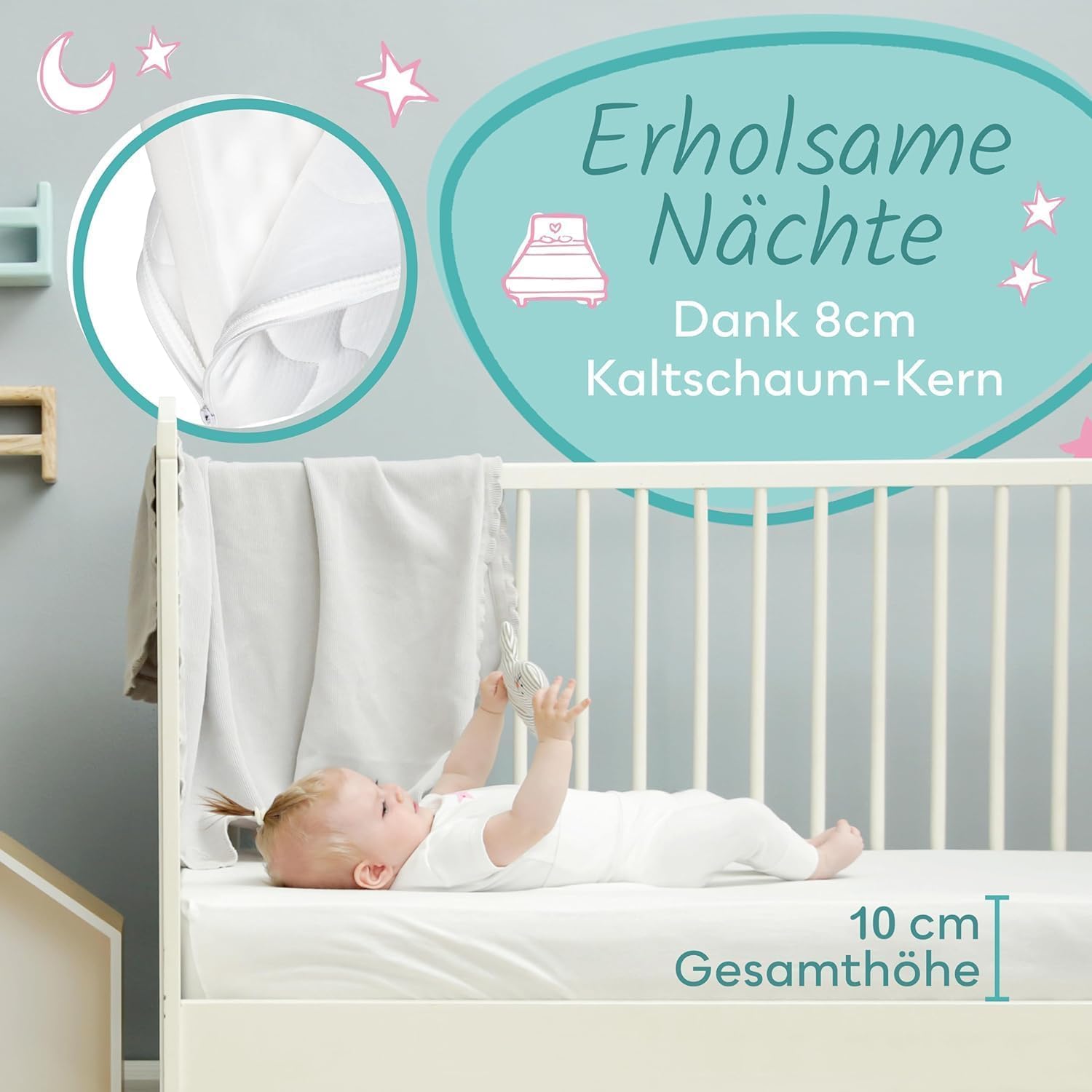 Sun Garden Babymatratze, Kindermatratze 70x140 cm mit Trittkante, Oeko Tex 100 Zertifiziert, Baby Matratze für Babybett, Kinderbett oder Reisebett, Bezug bis 60°C Grad waschbar