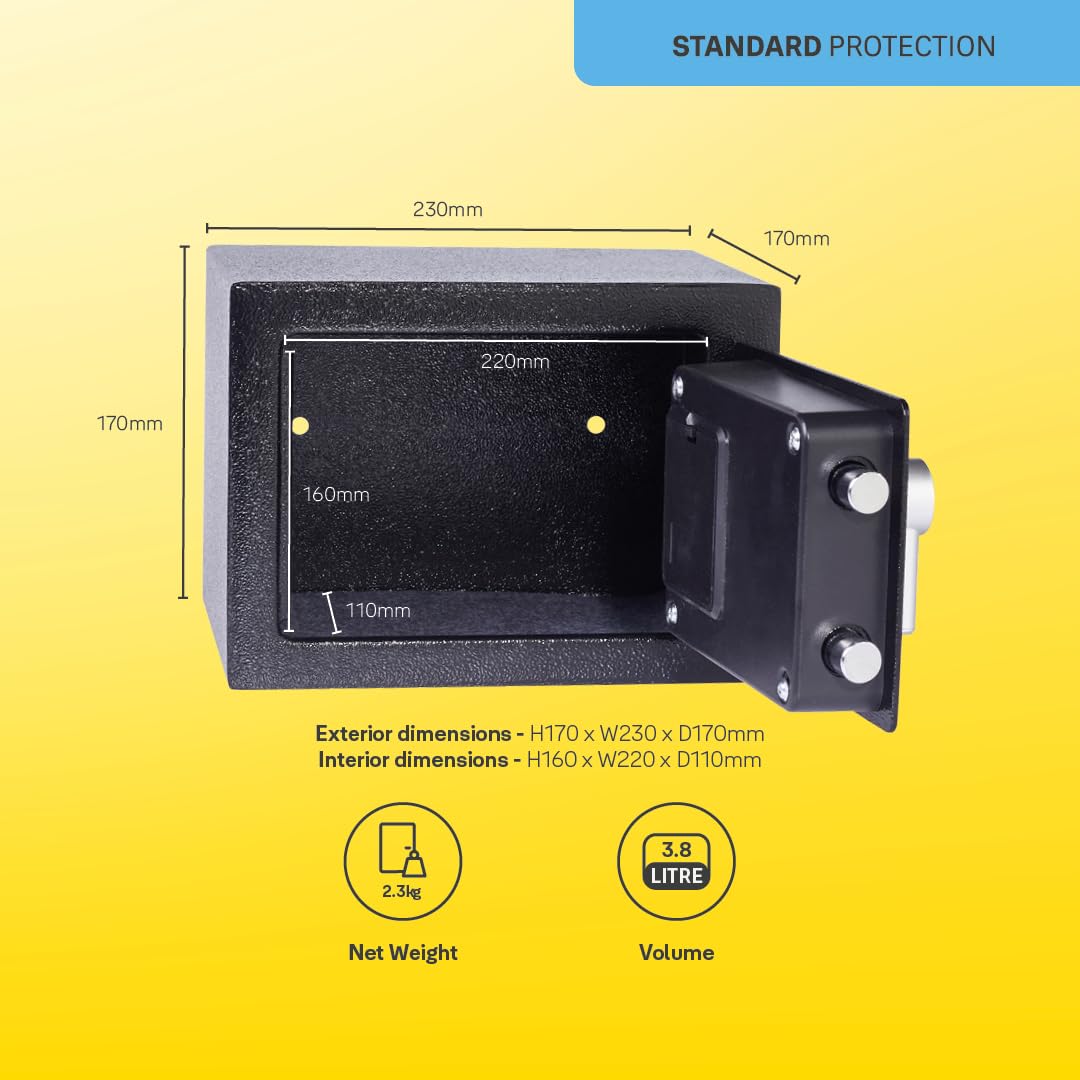 Yale Elektronischer Safe YSV/170/DB2, 3–8-stelliger PIN-Code, Anti-Bumping-Schloss, Auto-Sperre, LED-Indikatoren, gepolsterter Innenraum, Wand/Boden-Montage, Maße 170×230×170 mm, Volumen 3,8 L