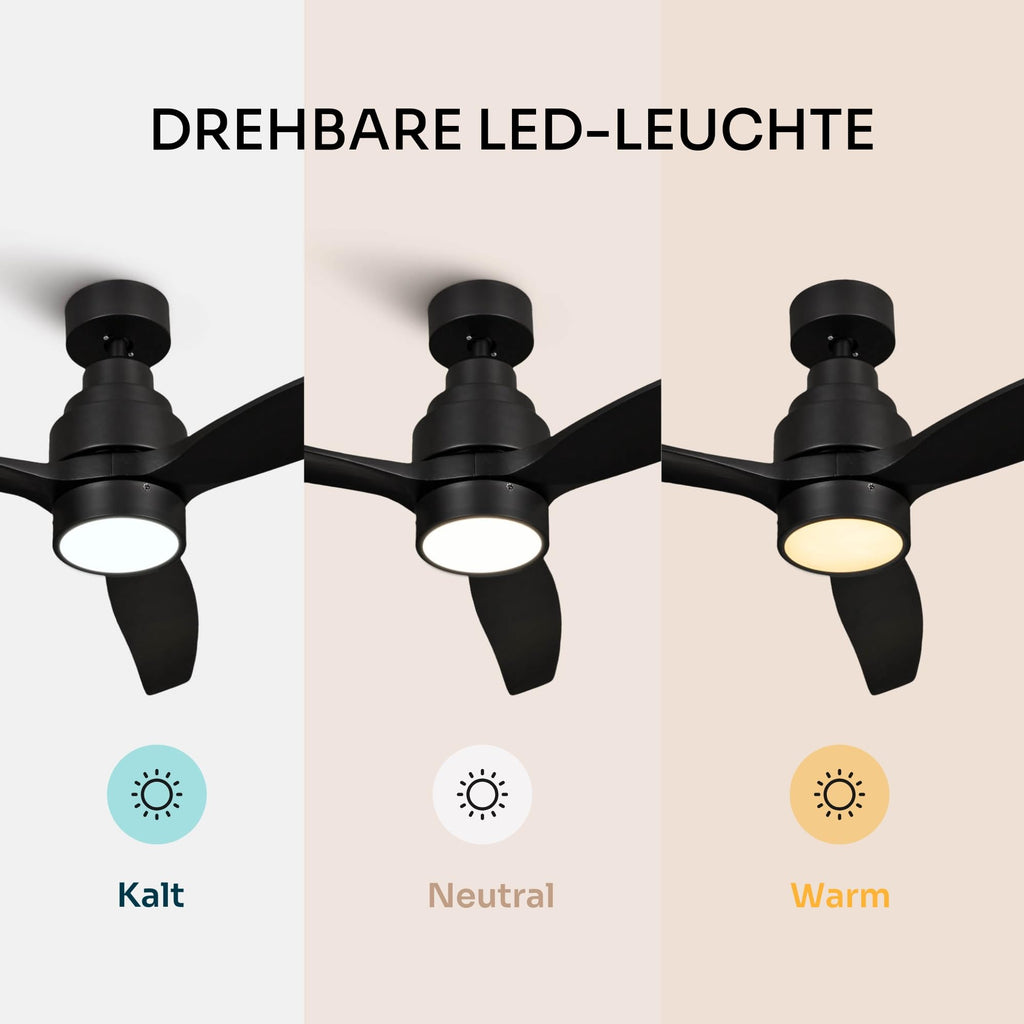 Mellerware - Deckenventilator mit Fernbedienung Brizy Bright | 45W | 6 Geschwindigkeiten | Sehr Leise | 3 Flügel 132 cm Durchmesser | Sommer-Winter-Funktion | Timer | LED | Black