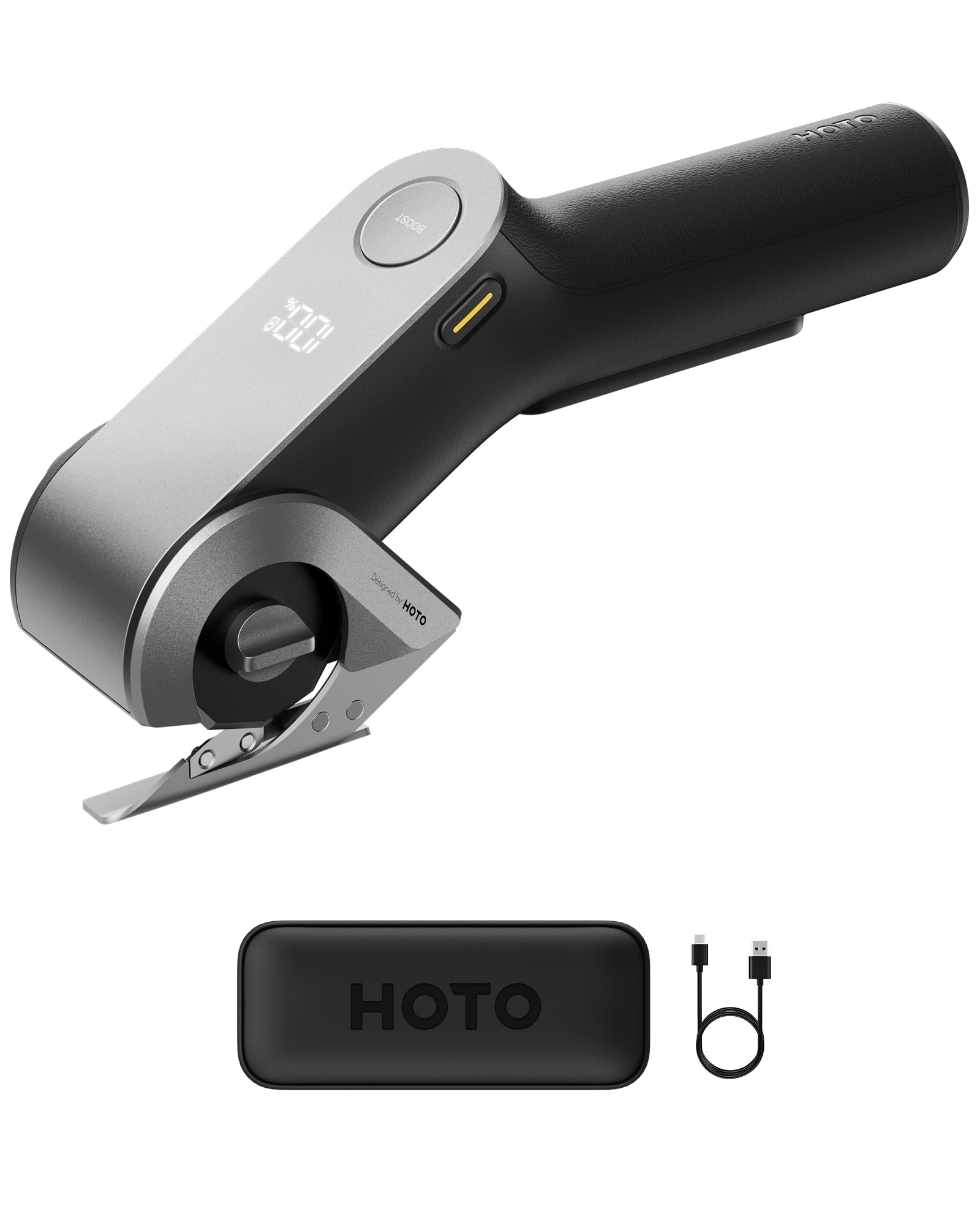 HOTO EdgeFlow Elektrisch Kartonschneider mit Titanklinge & LED-Display, Elektrische Schere, Selbstschleifend & Werkzeugloser Einfacher Klingenaustausch, Sicherheitsriegel für Karton, Teppich, Leder