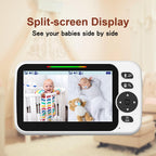 Blemil Babyphone mit 2 Kameras und Audio 30 Stunden wiederaufladbare Batterie, 5" großer geteilter Bildschirm, ferngesteuerte Schwenk-/Neige-/Zoom-Kamera, Zwei-Wege-Gespräch, Nachtsicht, kein WiFi