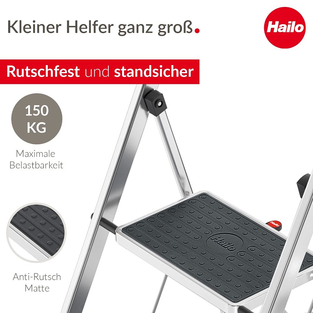Hailo K70 StandardLine Alu-Klapptritt-Leiter - 2 große Stahl-Stufen mit Anti-Rutsch-Matten belastbar bis 150 kg - Trittleiter mit Klappsicherung - besonders leicht und einfach zu verstauen - Silber