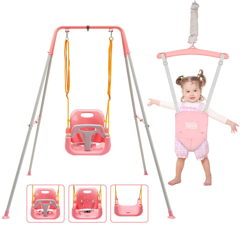 FUNLIO 2-in-1 Schaukeln Set und Baby Türhopser für Kleinkinder, Schaukelset für Kinder mit 4 Sandsäcken, Faltbarer Metallständer für drinnen und draußen, einfach zu montieren und aufzubewahren - Rosa