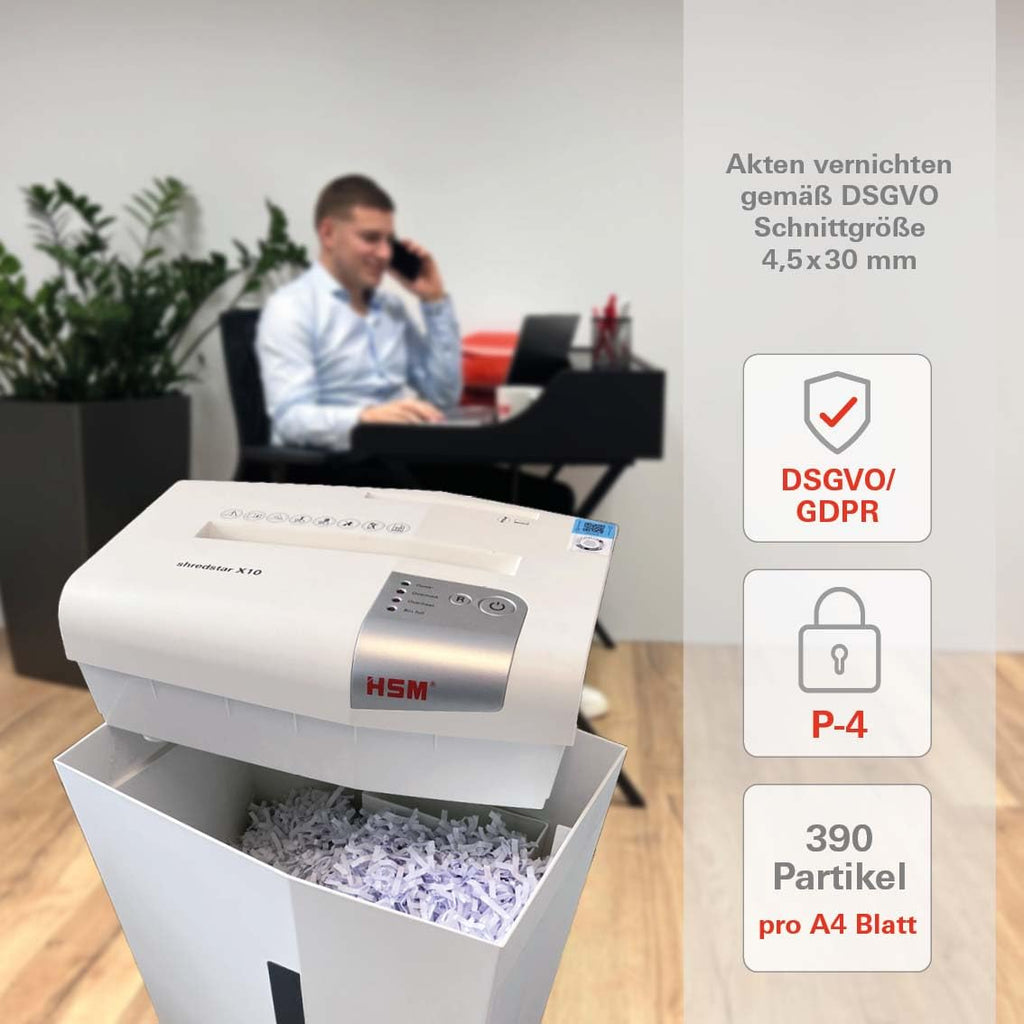 HSM shredstar X10 Aktenvernichter I Partikelschnitt 4,5x30mm I Sicherheitsstufe P-4 I Leiser Home Office Schredder für Papier, CDs, DVDs, Kreditkarten I 20l Auffangbehälter I Papierschredder 10 Blatt