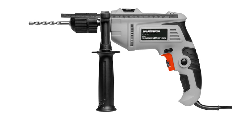 Brüder Mannesmann Schlagbohrmaschine, 650 Watt - Schlagbohrer mit 13 mm Schnellspannbohrfutter, Tiefenanschlag und Handgriff - kabelgebunden, mit Rechts- / Linkslauf - Schwarz, Grau - M12507