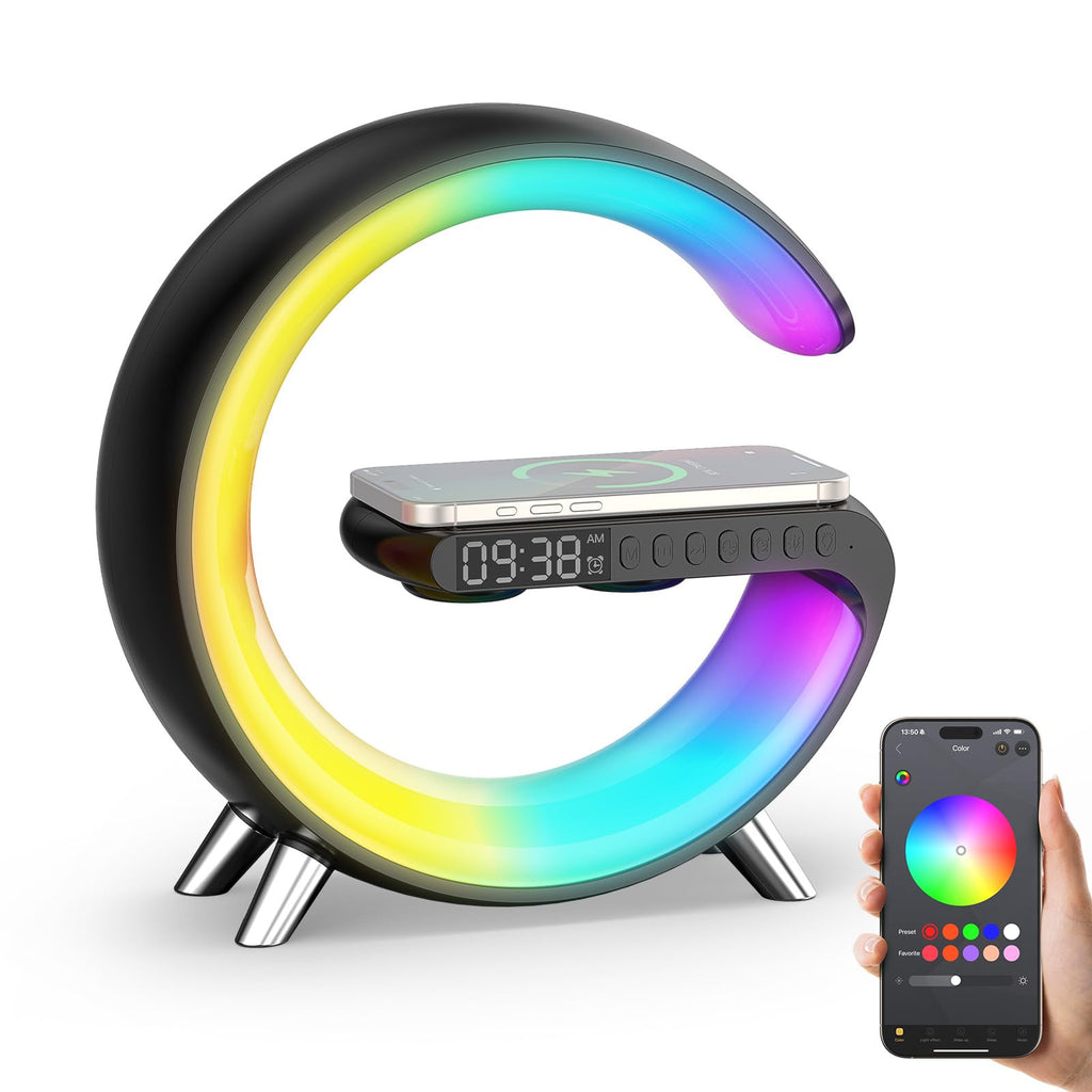 Smiling Shark Lichtwecker, Intelligente Wecker Licht Atmosphärenlicht mit Kabelloses Ladegerät Bluetooth Lautsprecher Dimmbar Naturgeräuschen App Steuerung Sonnenaufgang Licht Wecker für Wohnzimmer