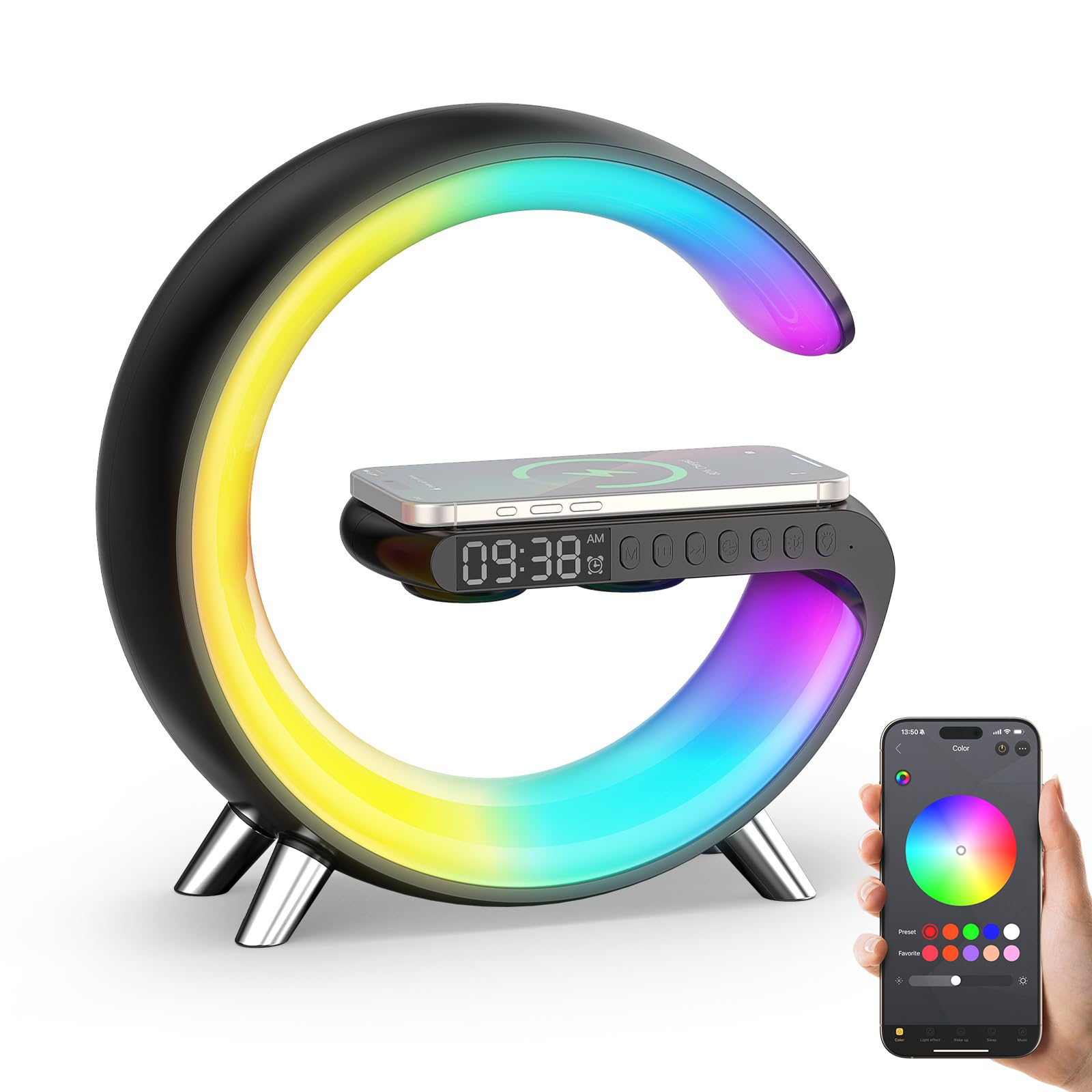 Smiling Shark Lichtwecker, Intelligente Wecker Licht Atmosphärenlicht mit Kabelloses Ladegerät Bluetooth Lautsprecher Dimmbar Naturgeräuschen App Steuerung Sonnenaufgang Licht Wecker für Wohnzimmer