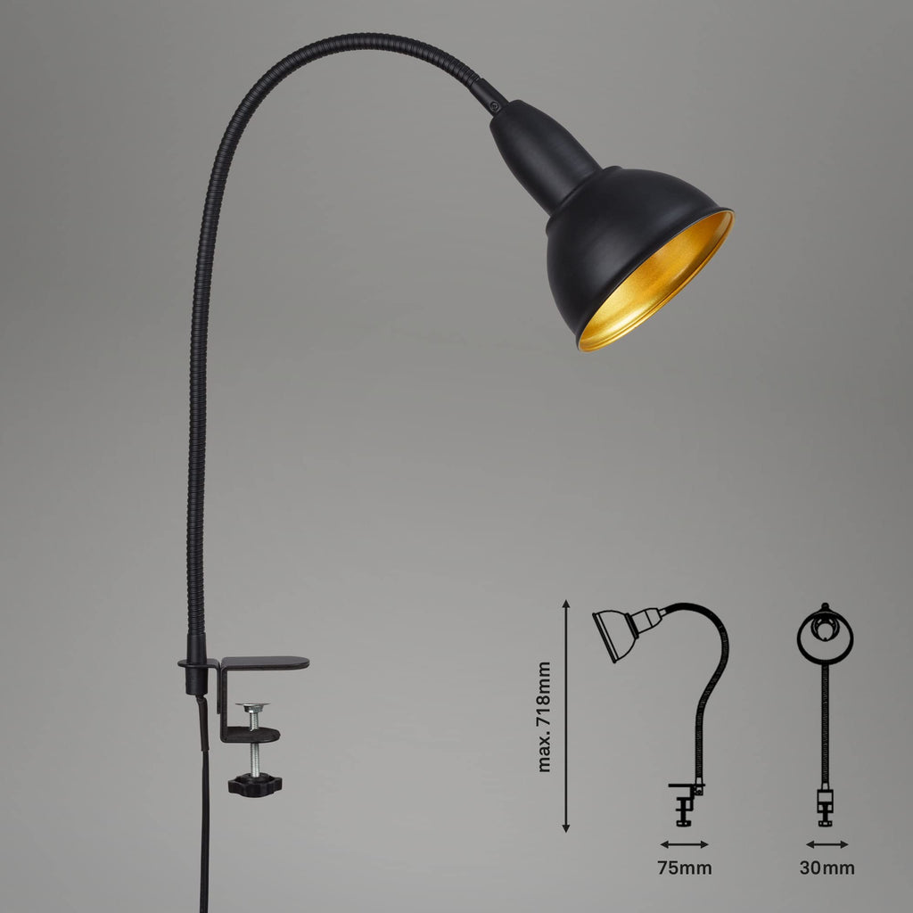 BRILONER - Retro Klemmleuchte, Leselampe inkl. Flexarm, inkl. An- Ausschalter, Schwenkbar, 1x E14, max. 25 Watt, Bürolampe, Schlafzimmerlampe, Kinderzimmer, Leseleuchte, Metall, Schwarz-Gold