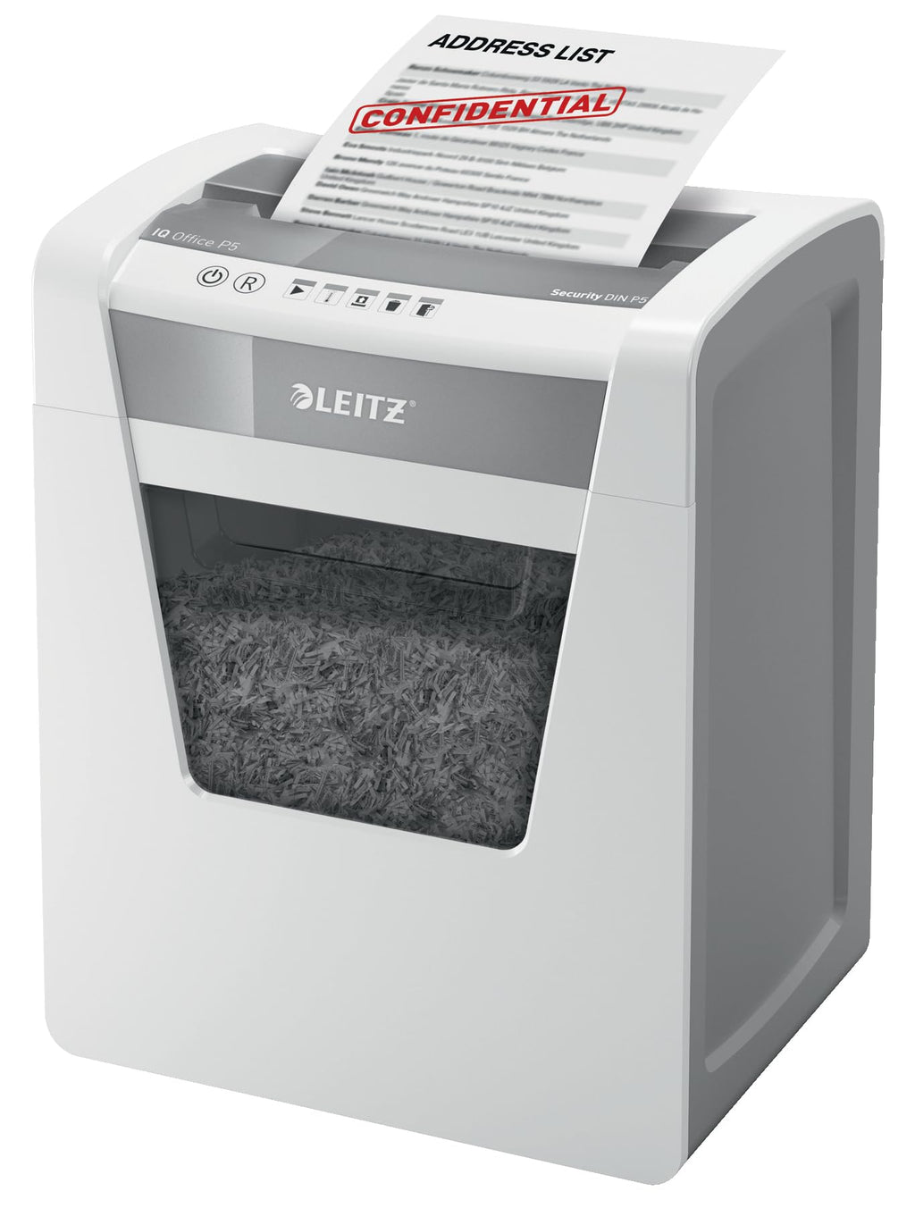 Leitz IQ Aktenvernichter Office P5, Mikroschnitt, 11-10 Blatt (70-80 g/m²), TÜV+GS zertifiziert, 2 Stunden Dauerbetrieb, Herausziehbarer 23L Behälter, Sehr leiser Schredder für Büro, Weiß, 80020000