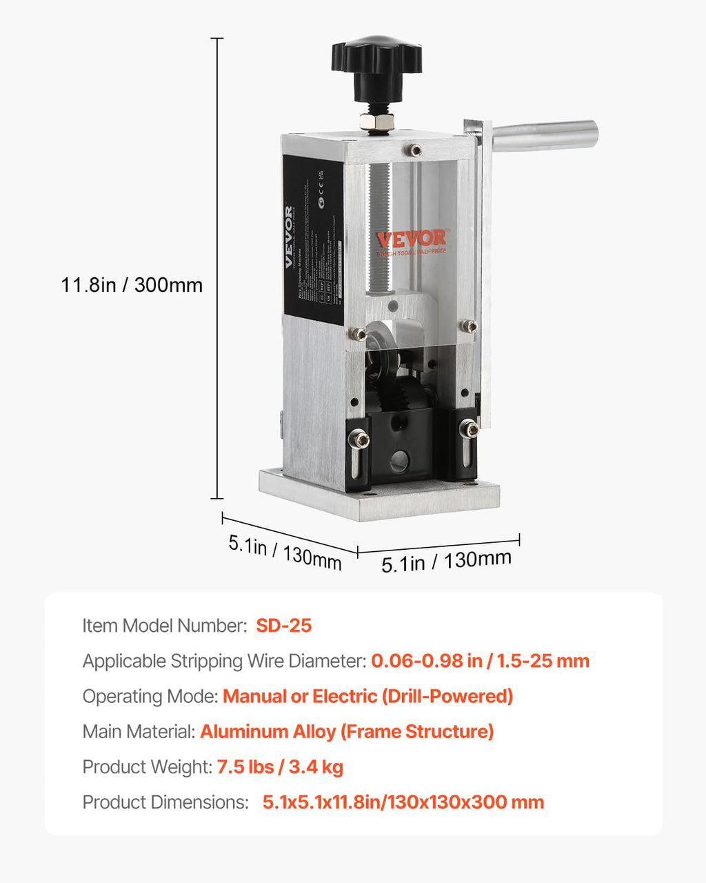 VEVOR Kabelschälmaschine 1,5-25mm Kabelabisoliermaschine Manuell oder Bohrmaschine angetrieben Kabel Abisoliermaschine 130x130x300mm Ideal zum Abisolieren von ummantelten monofilen mehradrigen Drähten