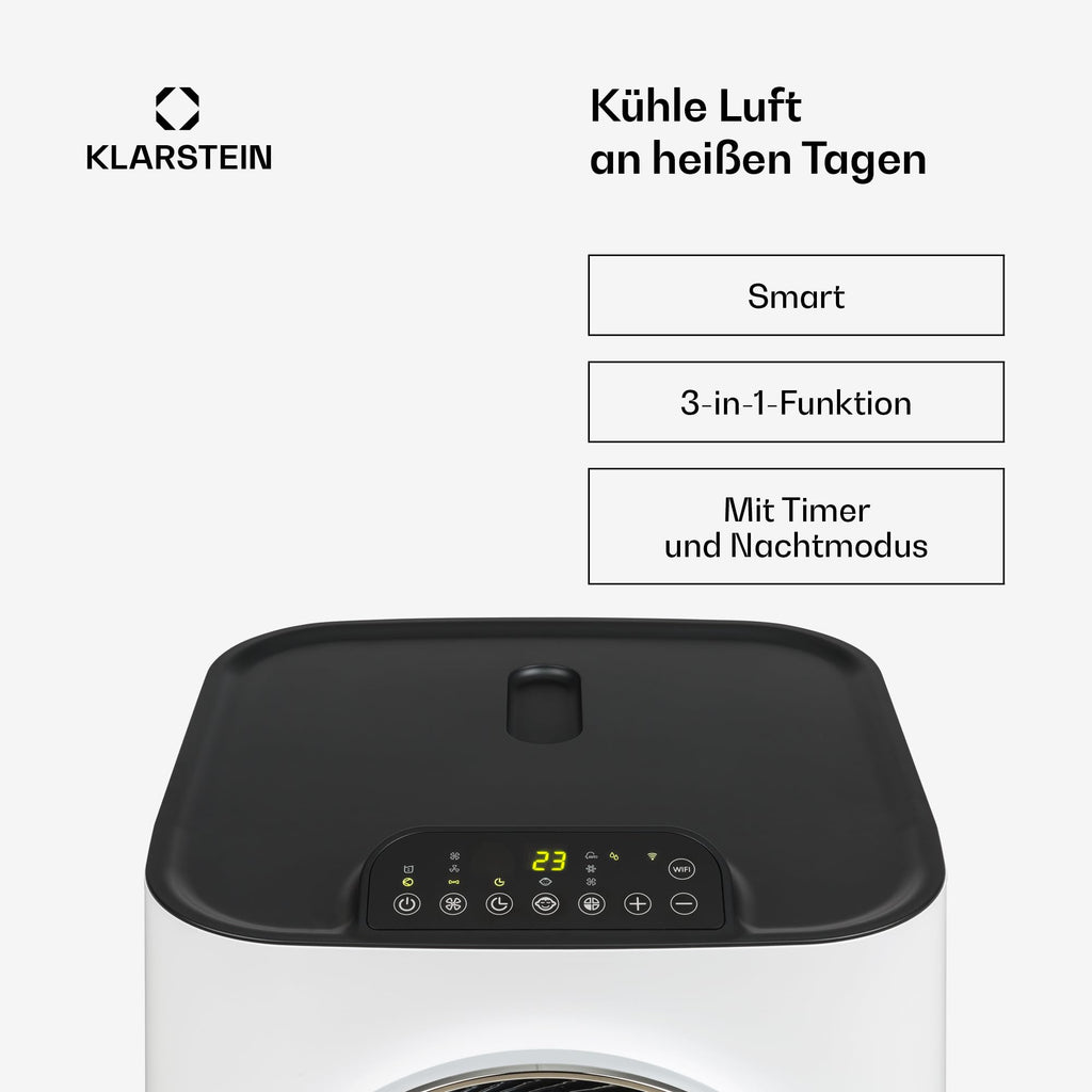 Klarstein Kraftwerk Smart 12K Mobiles Klimagerät – 12000 BTU, 35-59 m², App & Alexa Steuerung, 3-in-1 Kühlung, Entfeuchter & Ventilator, Leise, Timer, Ablaufschlauch Inkl., Weiß
