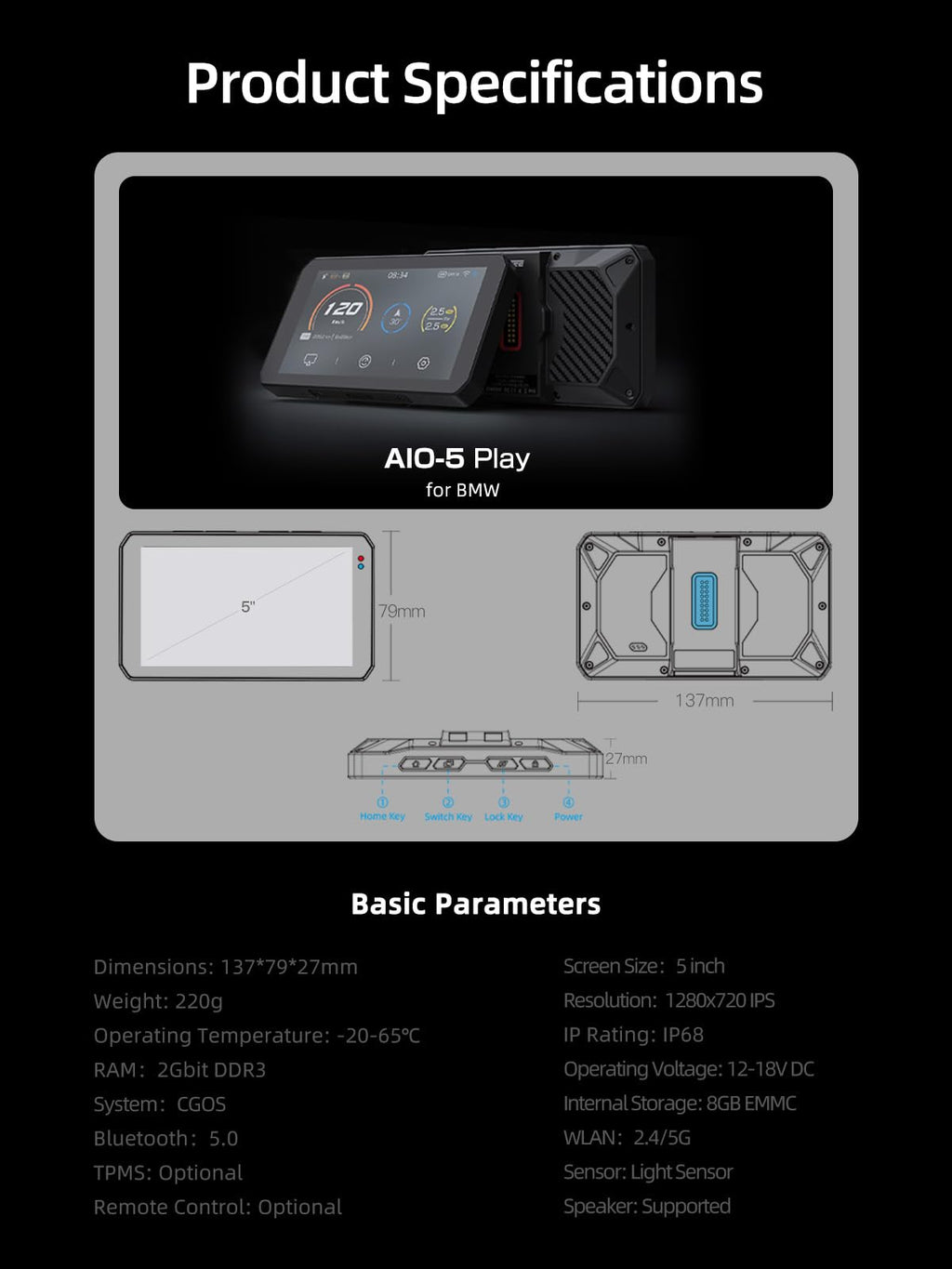 CHIGEE AIO-5 Play for BMW Motorcycles, 3-Pin Interface, Plug-and-Play Smart Display with Apple CarPlay & Android Auto, 60FPS, IP68 Waterproof, Built-in GPS, Anti-Theft Alarm, Data Reading