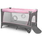 Lionelo Flower 4in1 Reisebett Baby mit Seiteneingang, Wickeltisch, Zwei Matratzenaufhängungshöhen, Spielzeugbogen mit Spielfiguren, Rollen, Tragetasche