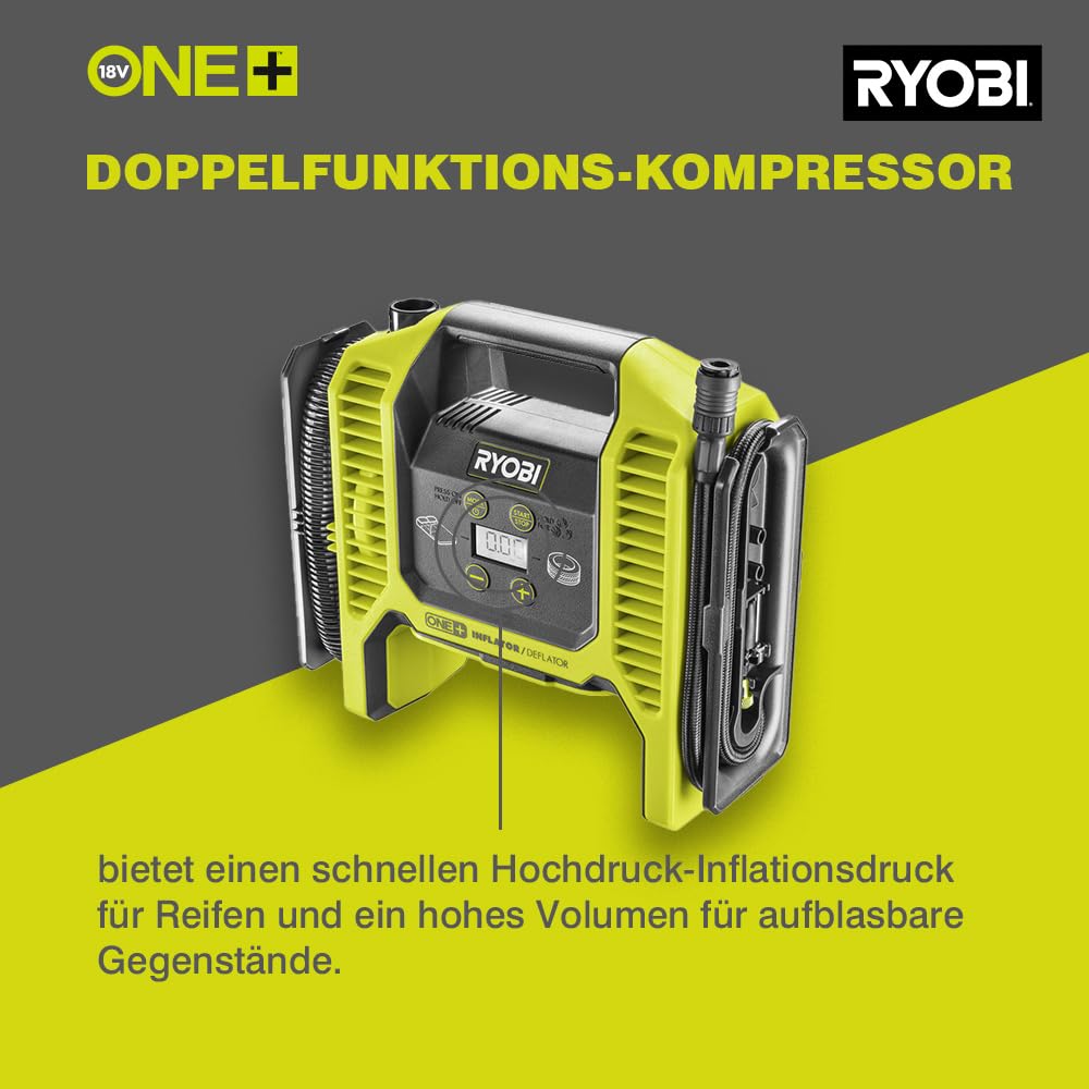 RYOBI 18 V ONE+ Akku-Multikompressor R18MI-0, Digital, max. Druck 10,3 bar, ohne Akku und Ladegerät, Grün