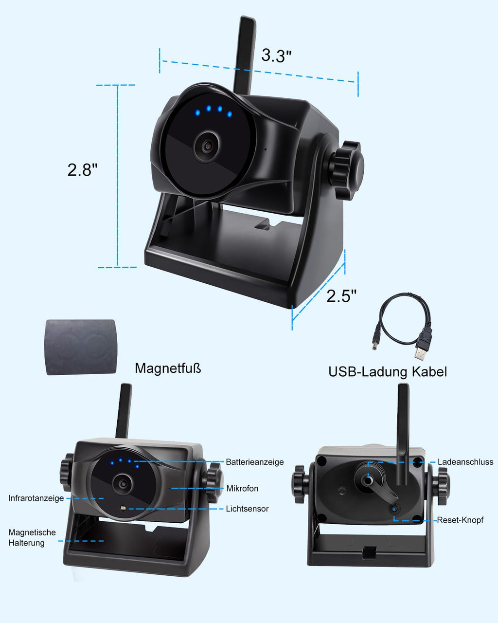 1080P Magnetische kabellose Rückfahrkamera, WiFi-Rückfahrkamera mit langlebigem Akku, 90 Tage Standby, Nachtsicht, IP69K, einfache Installation für LKWs, Anhänger, kompatibel mit Telefon, Pad