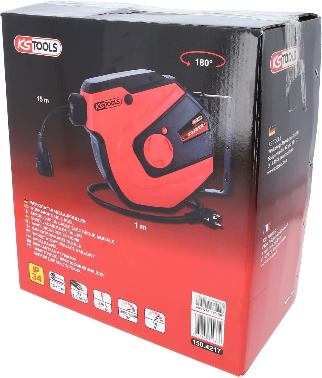 KS Tools, 150.4217 Werkstatt-Kabelaufroller, 15m, 1,5mm²