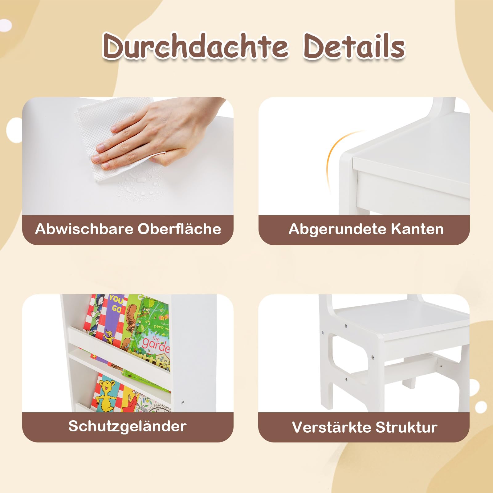 COSTWAY Kinder Tisch Stuhl Set, Maltisch mit abnehmbarem Papierrollenhalter & Fächerschrank, Kindertisch mit Stauraum, Regalen & Schublade, Kindersitzgruppe für Kinder ab 3 Jahren