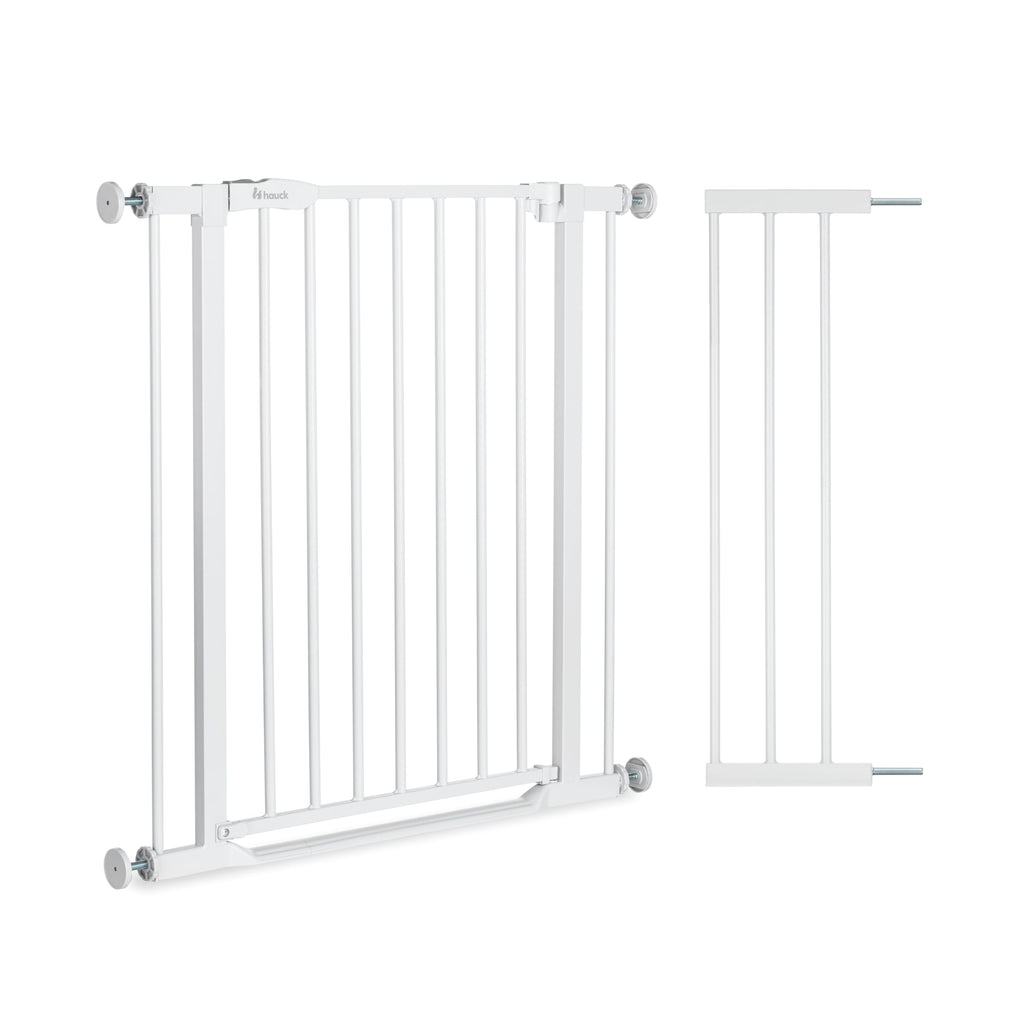 hauck Clear Step 2 + 21 cm Verlängerung, Weiß - Kinderschutzgitter Hundegitter, Verstellbare Breite 96-101 cm, 77 cm Hoch, Flacher Einstieg, Einhand Öffnung, ohne Bohren, für Innen