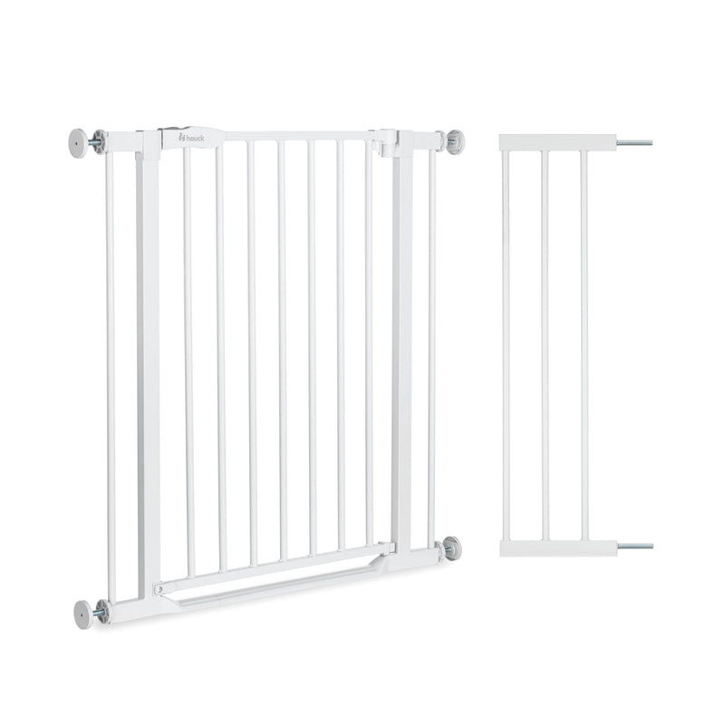 hauck Clear Step 2 + 21 cm Verlängerung, Weiß - Kinderschutzgitter Hundegitter, Verstellbare Breite 96-101 cm, 77 cm Hoch, Flacher Einstieg, Einhand Öffnung, ohne Bohren, für Innen