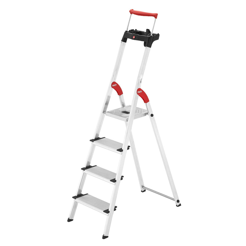 Hailo L85 ComfortLine Alu-Sicherheits-Stehleiter - 4 XXL-Stufen belastbar bis 150 kg - Tiefe Standfläche & Haltegriff - Stehleiter mit Ablage - Aluleiter Made in Germany - Leiter rostfrei - Silber
