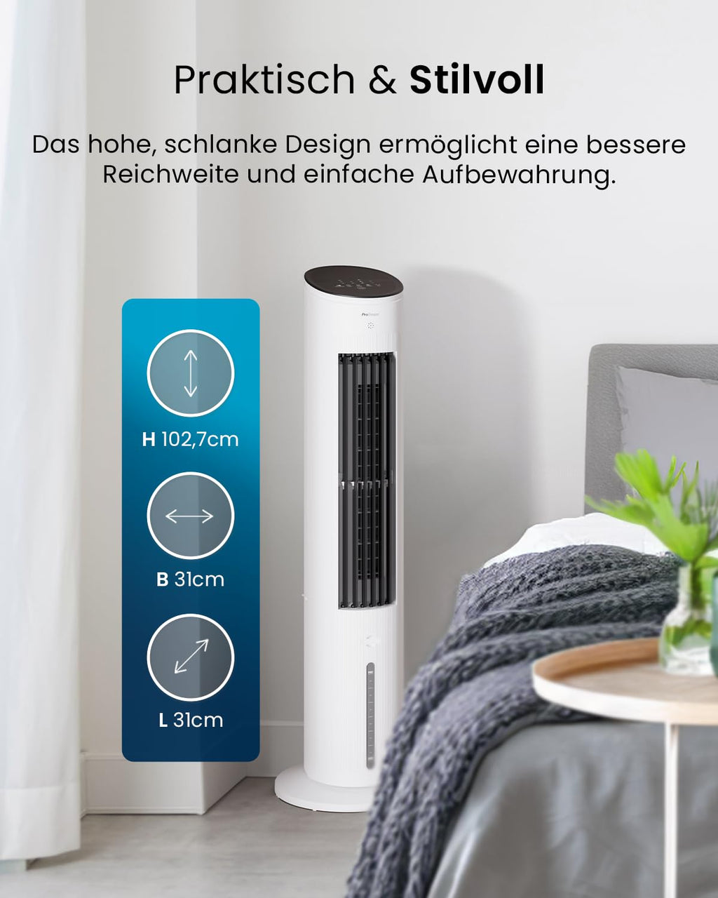 Pro Breeze OmniAir 5L Mobiler Luftkühler - Turmventilator mit Fernbedienung, 3 Gebläsestufen, 4 Modi, Auto 75° Oszillation, 7-Stunden-Timer - Klimagerät mobil ohne Abluftschlauch für Zuhause & Büro