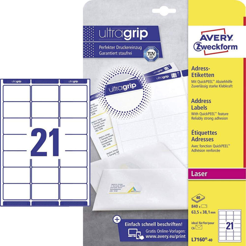AVERY Zweckform L7160-40 Adressetiketten/Adressaufkleber (840 Etiketten mit ultragrip, 63,5x38,1mm auf A4, bedruckbar, selbstklebend, für DIN B6/C6 Briefkuverts, Papier matt) 40 Blatt, weiß