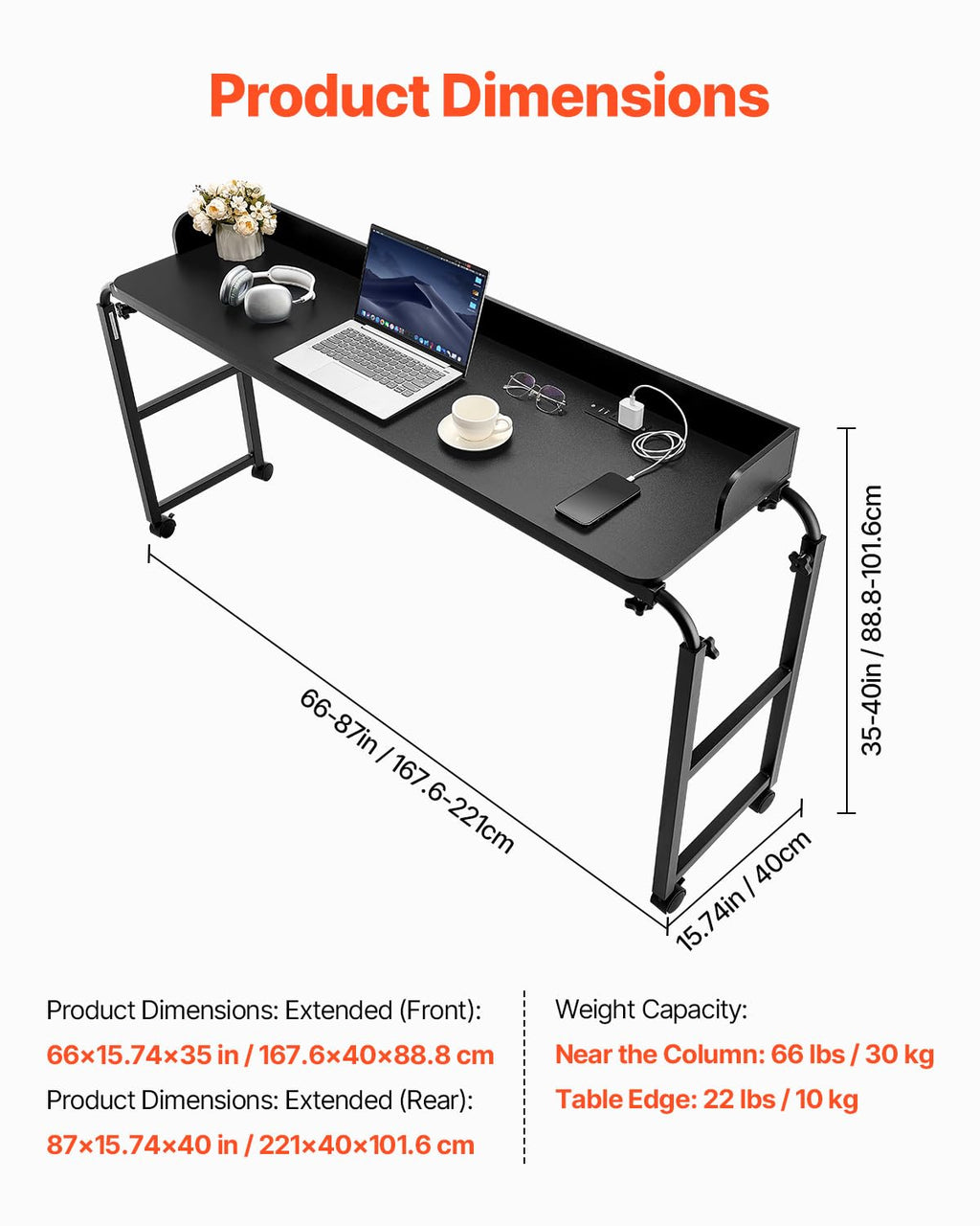 VEVOR Überbetttisch mobiler Betttisch mit 4 Rollen (2 mit Bremsen) und Steckdose, höhenverstellbarer Laptop-Rolltisch, Tragbarer Spanplatten-Überbetttisch für Zuhause Büro, Arbeitszimmer, Schwarz