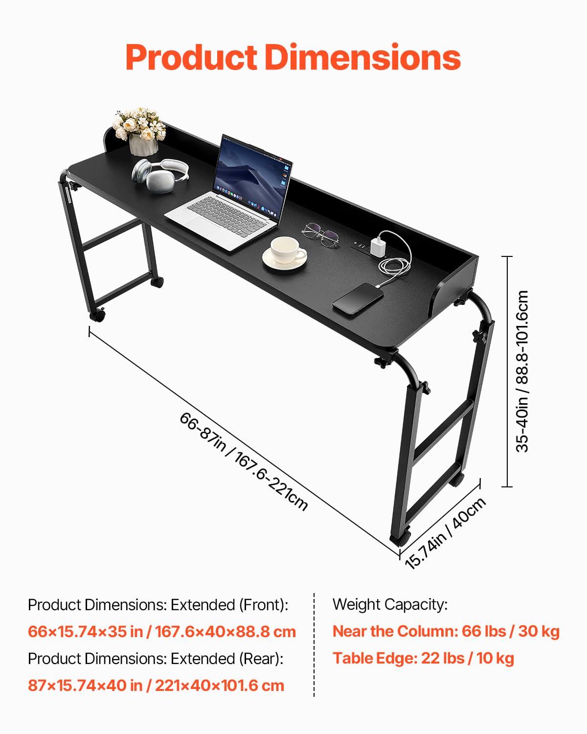 VEVOR Überbetttisch mobiler Betttisch mit 4 Rollen (2 mit Bremsen) und Steckdose, höhenverstellbarer Laptop-Rolltisch, Tragbarer Spanplatten-Überbetttisch für Zuhause Büro, Arbeitszimmer, Schwarz