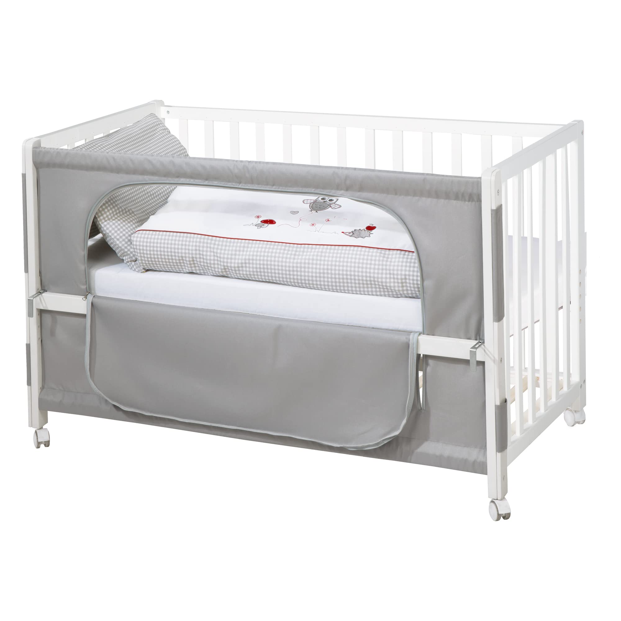 roba Beistellbett 60 x 120 cm - Adam & Eule Room Bed - Babybett zum Anstellen an Elternbett - Inklusive Matratze, Bettwäsche, Himmel - Mobil & Höhenverstellbar - Holz weiß
