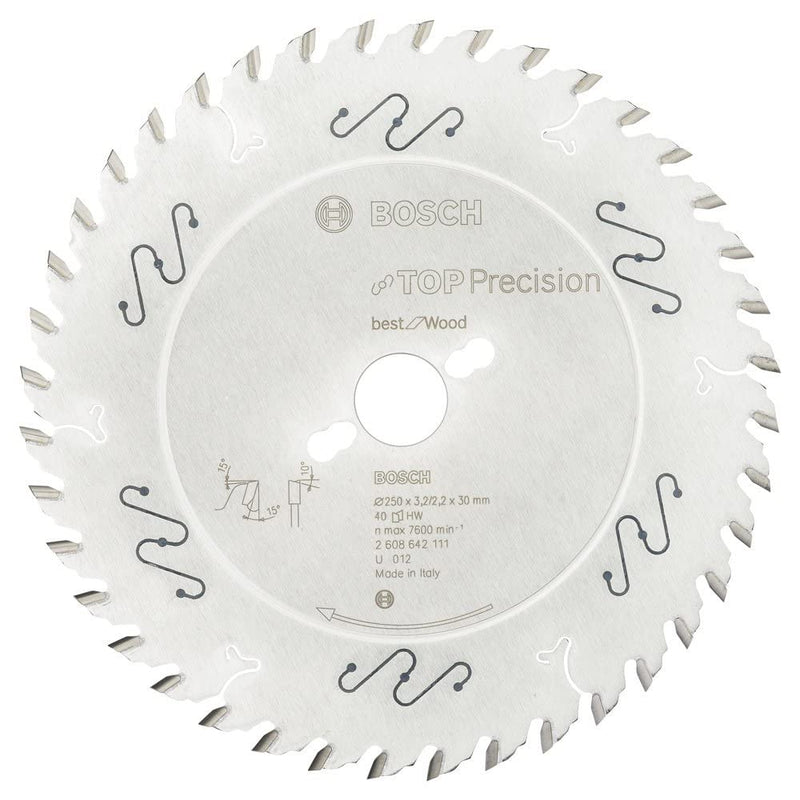 BOSCH Kreissägeblatt Top Precision Best für Wood, 250 x 30 x 3,2 mm, 40, 2608642111