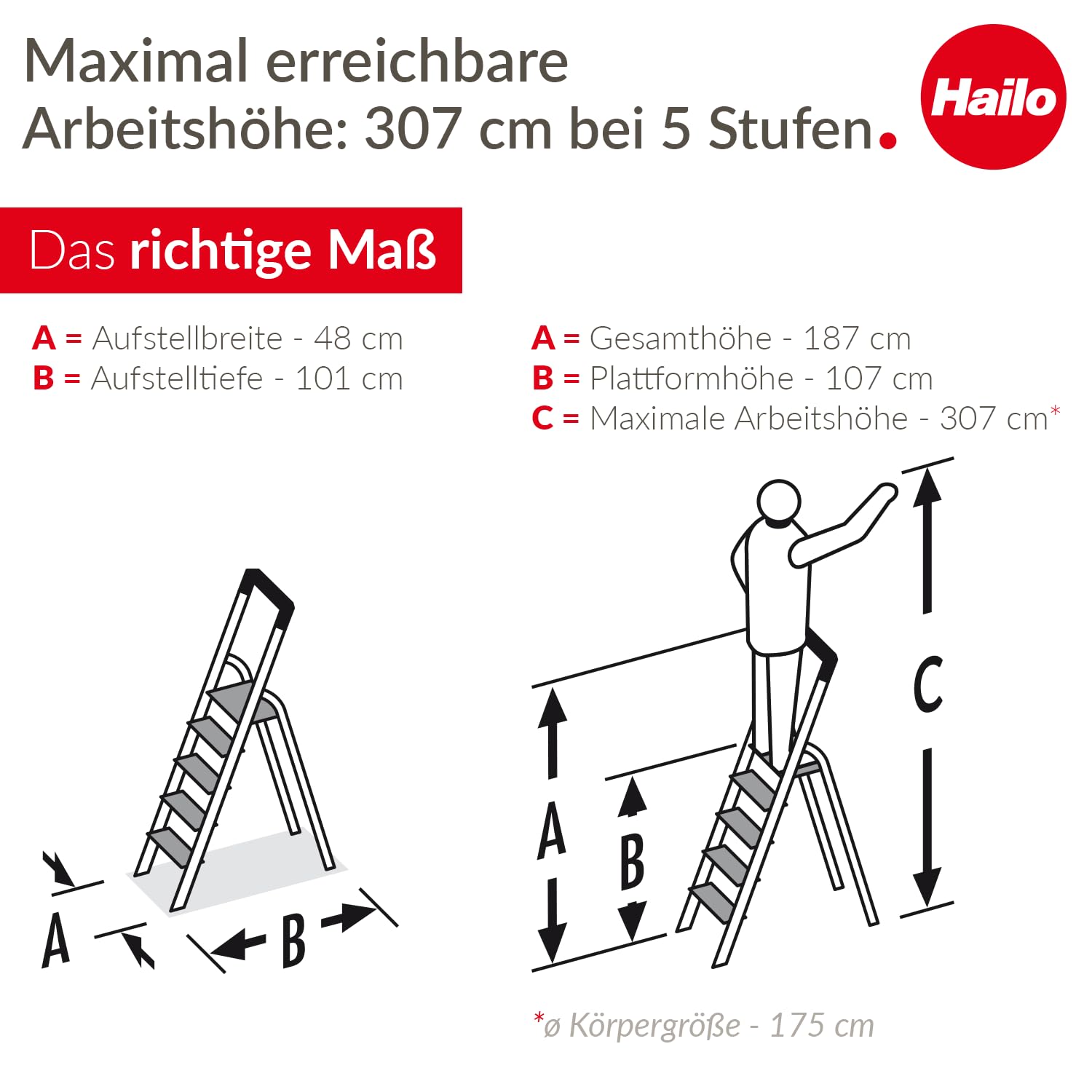 Hailo L85 ComfortLine Alu-Sicherheits-Stehleiter | 5 XXL-Stufen belastbar bis 150 kg | Tiefe Standfläche & Haltegriff |Stehleiter mit Ablage | Aluleiter Made in Germany | Leiter rostfrei | Silber