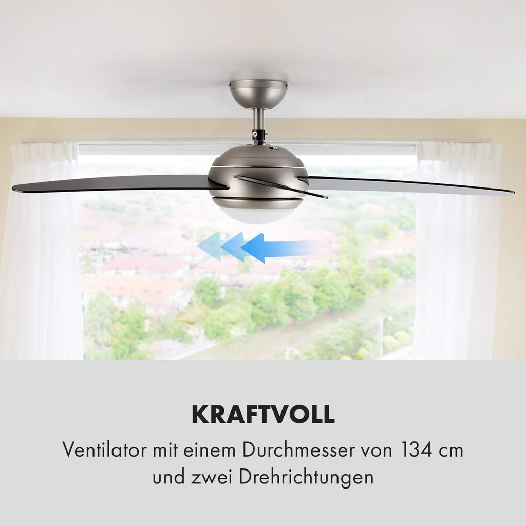 Klarstein Bolero - 2-in-1-Deckenventilator 134cm durchmessender Ventilator, Leuchte 55W Leistung, Holzflügel, Fernbedienung, 50 dB, 3 Drehgeschwindigkeiten: schnell, mittel, langsam, schwarz